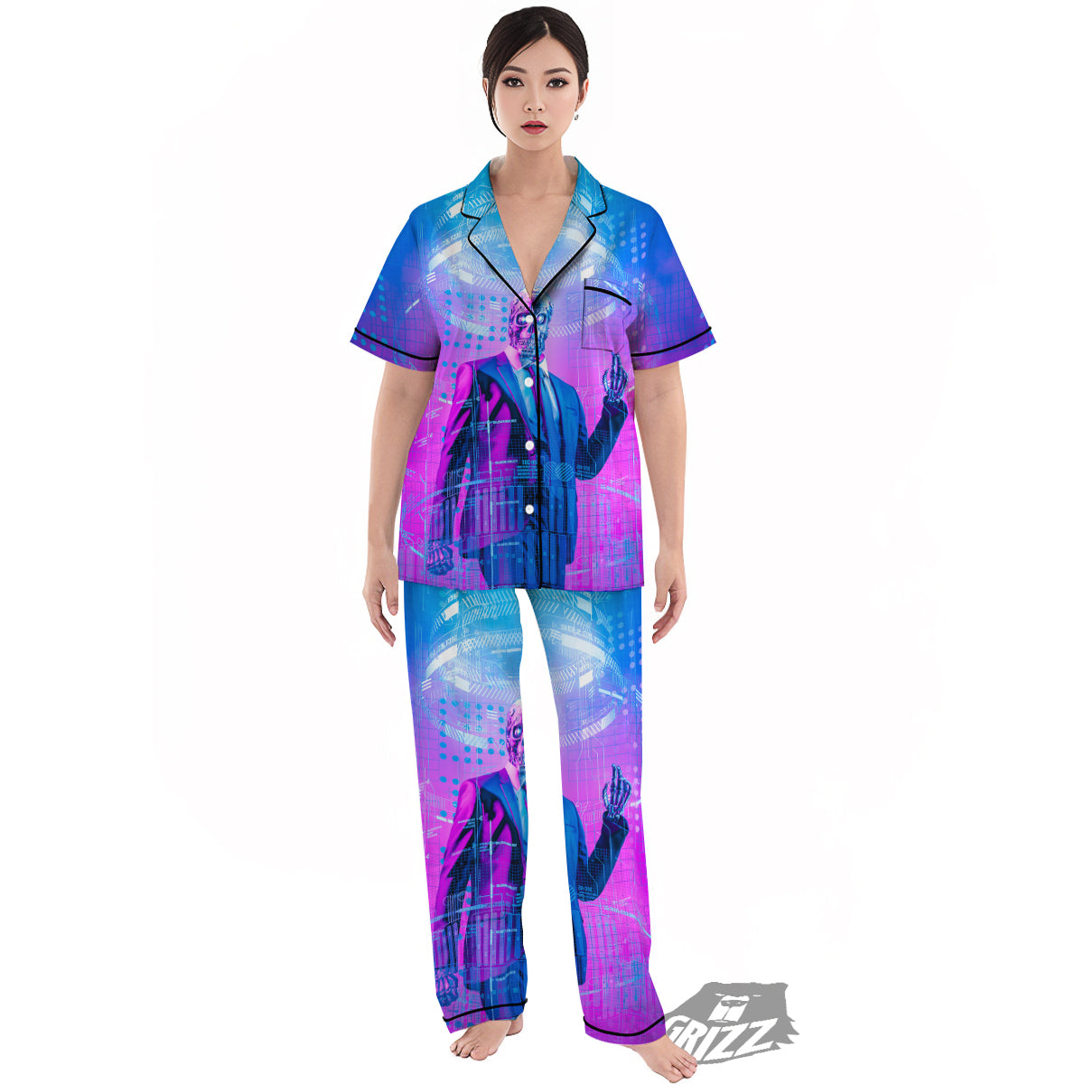 Purple Skeleton Cyber Print Women's Pajamas Set-grizzshop