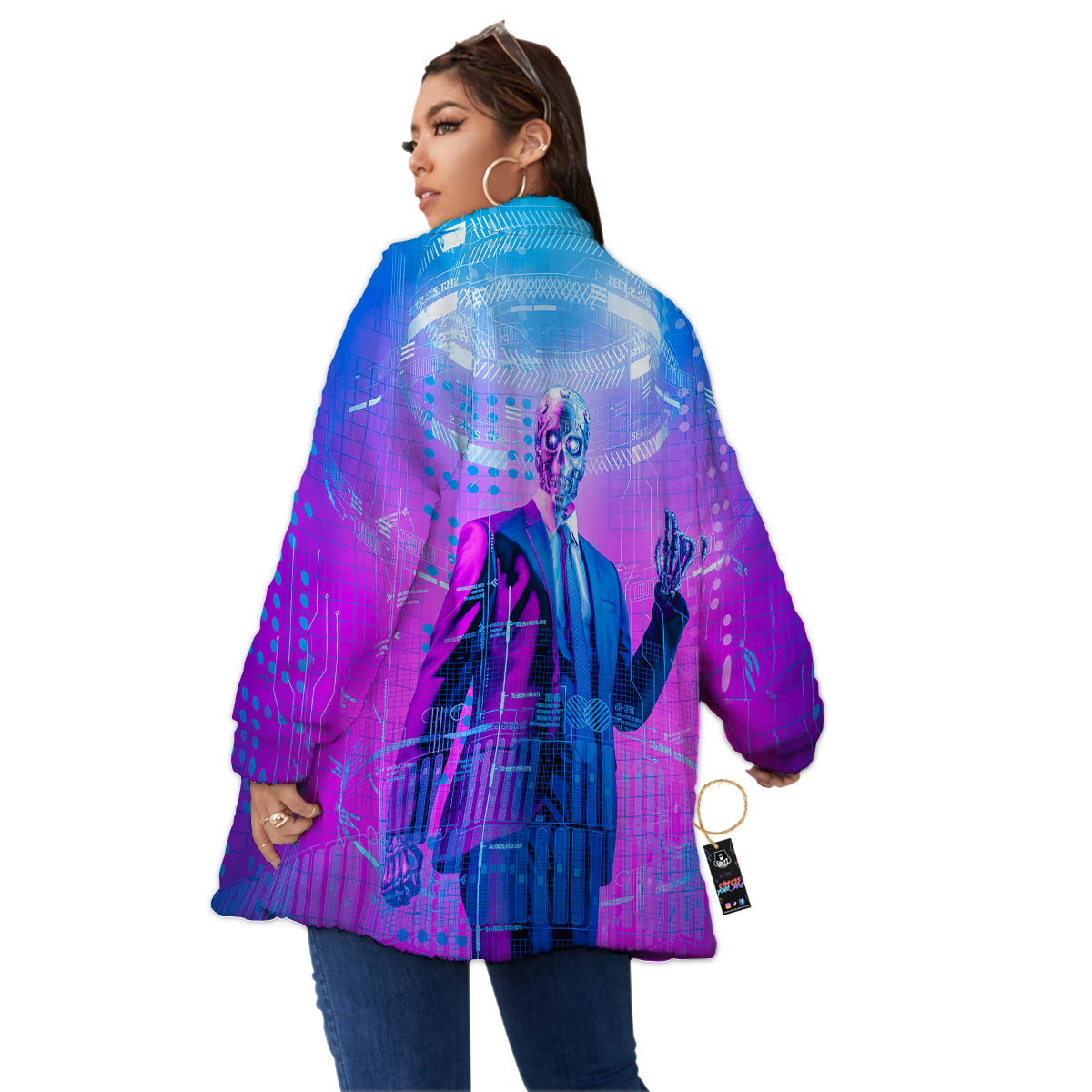 Purple Skeleton Cyber Print Women's Sherpa Jacket-grizzshop