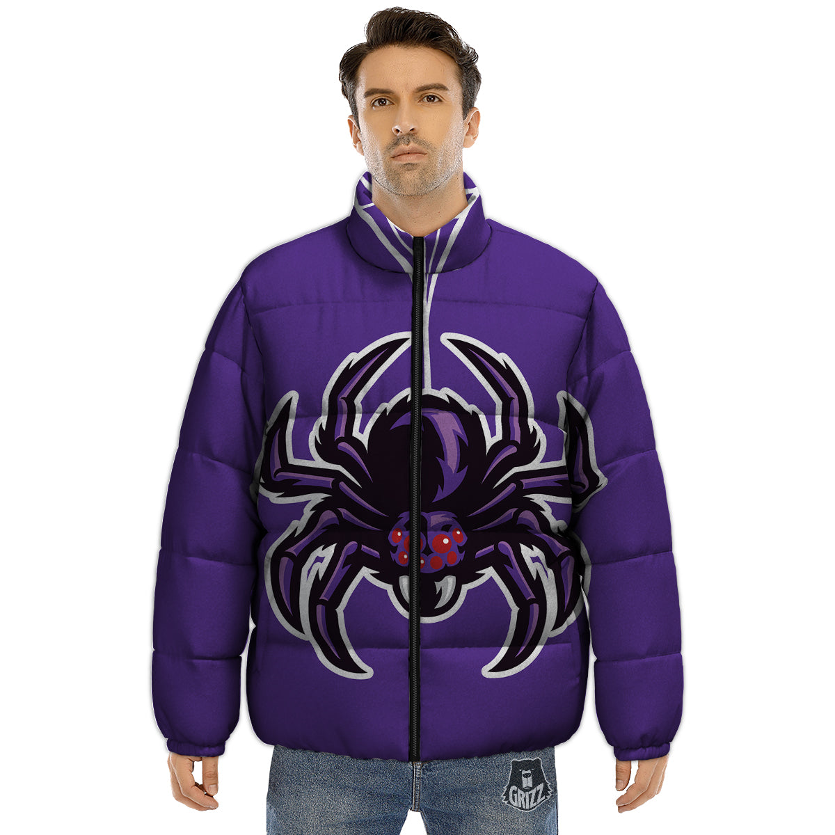 Purple Spider Print Puffer Jacket-grizzshop