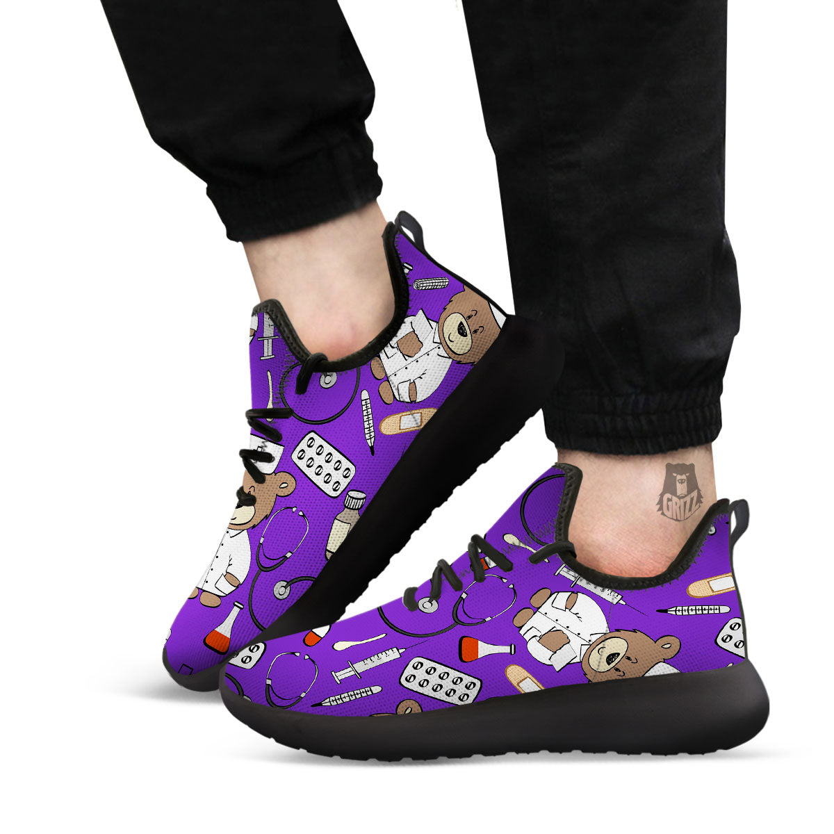 Purple Teddy Bear Nurse Black Athletic Shoes-grizzshop