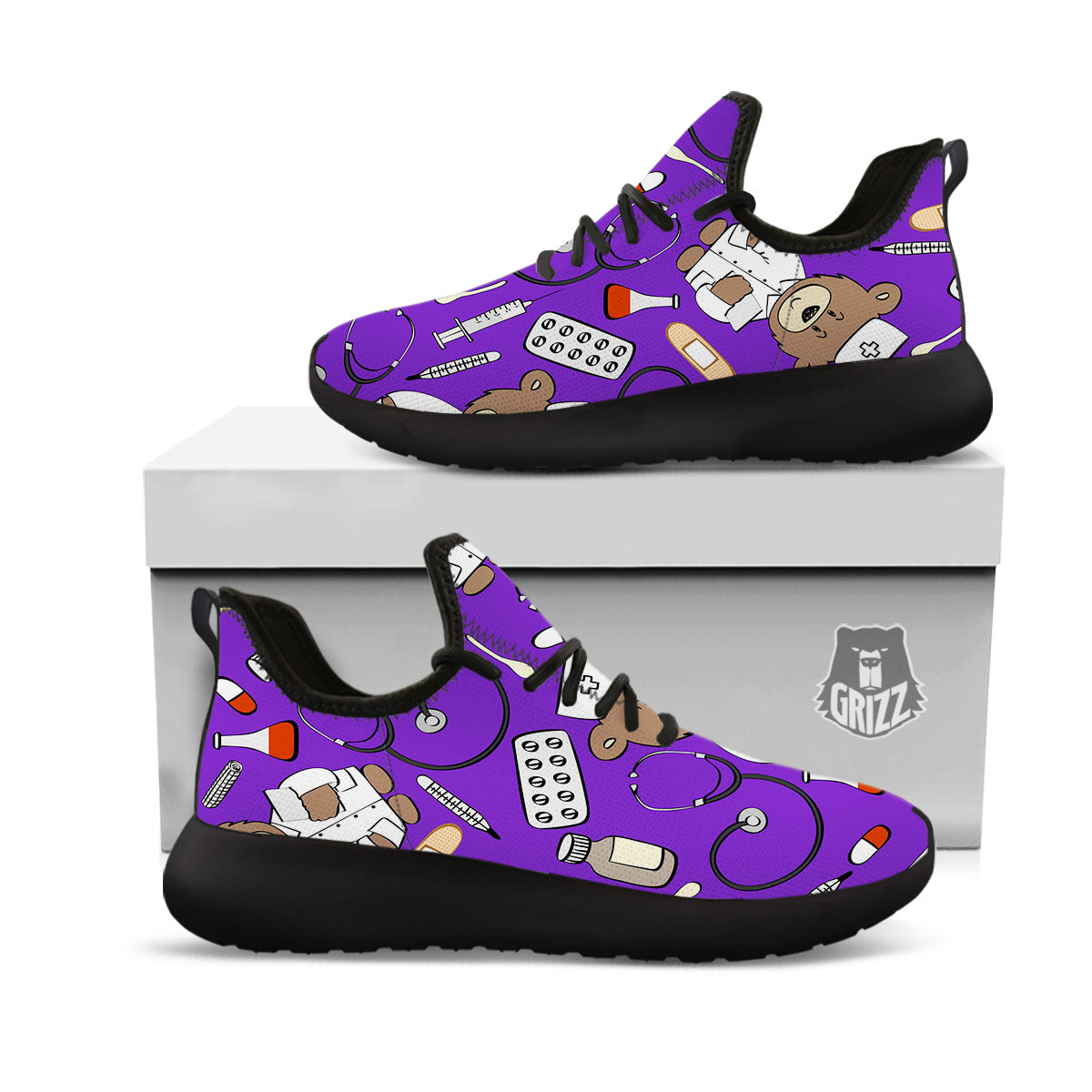 Purple Teddy Bear Nurse Black Athletic Shoes-grizzshop