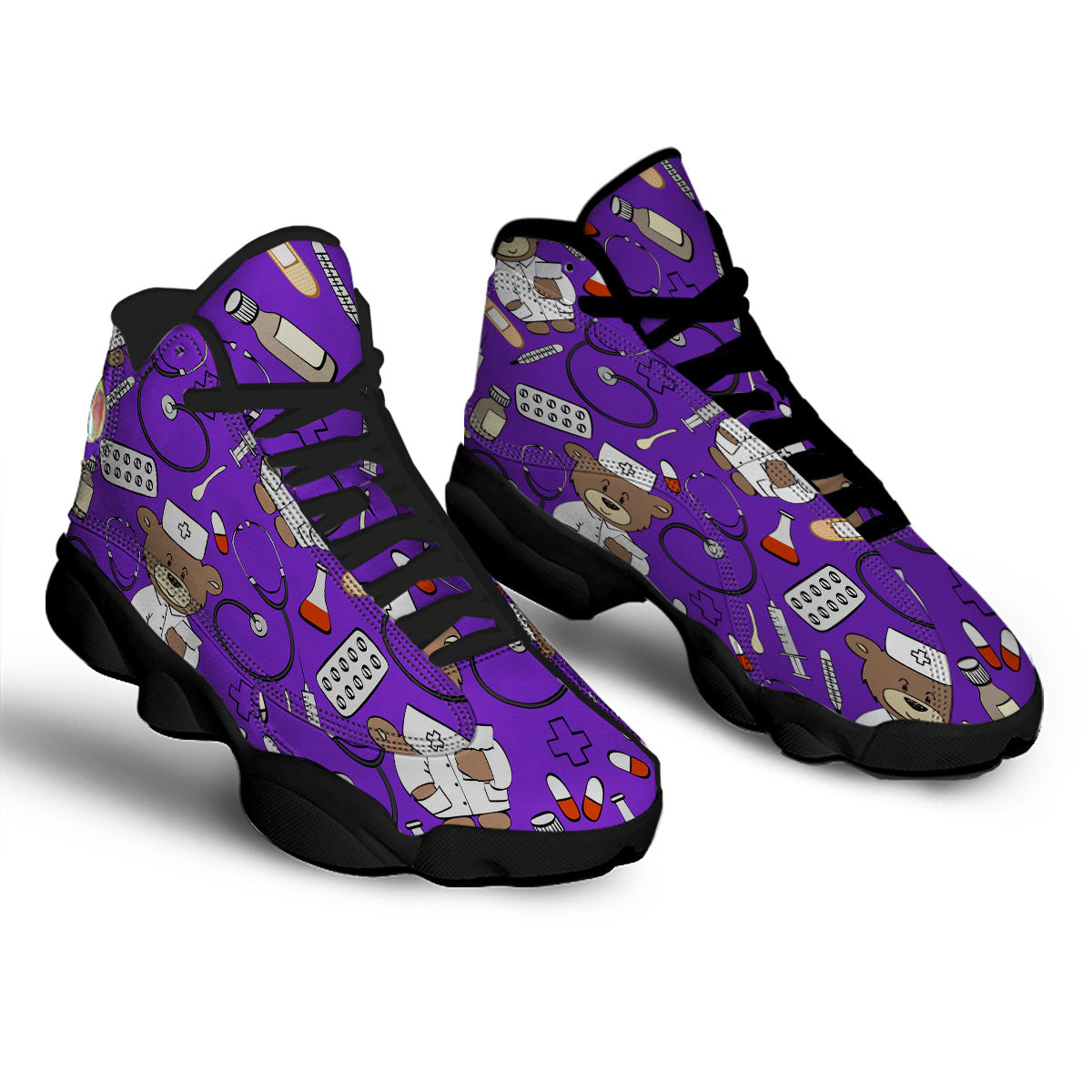 Purple Teddy Bear Nurse Black Basketball Shoes-grizzshop