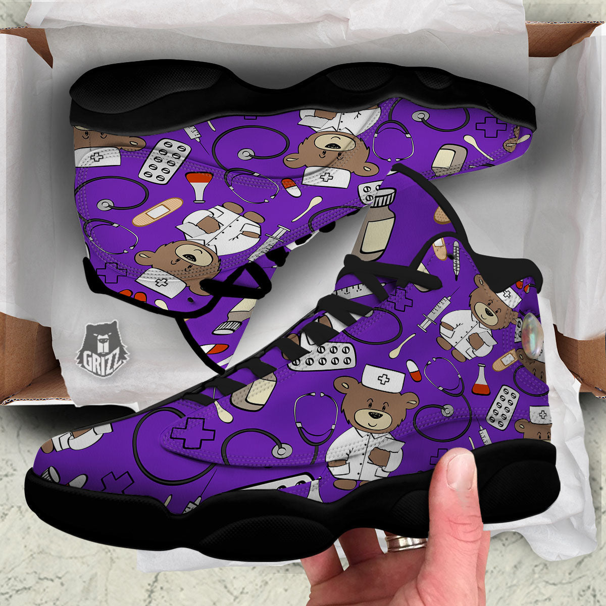 Purple Teddy Bear Nurse Black Basketball Shoes-grizzshop