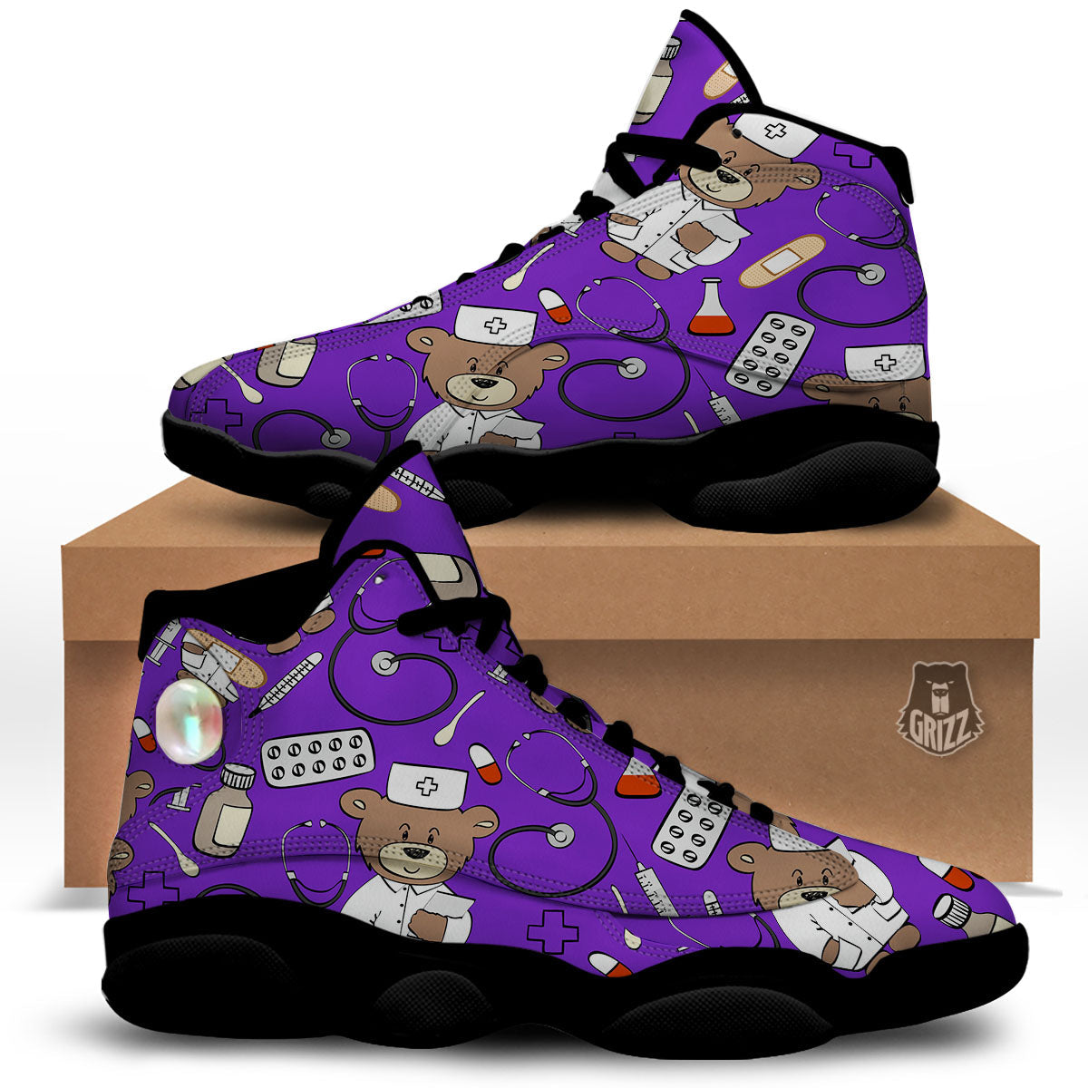Purple Teddy Bear Nurse Black Basketball Shoes-grizzshop