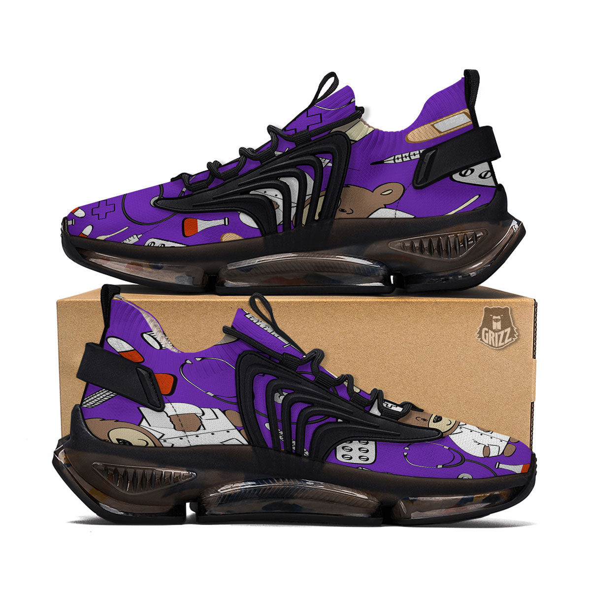 Purple Teddy Bear Nurse Black Gym Shoes-grizzshop