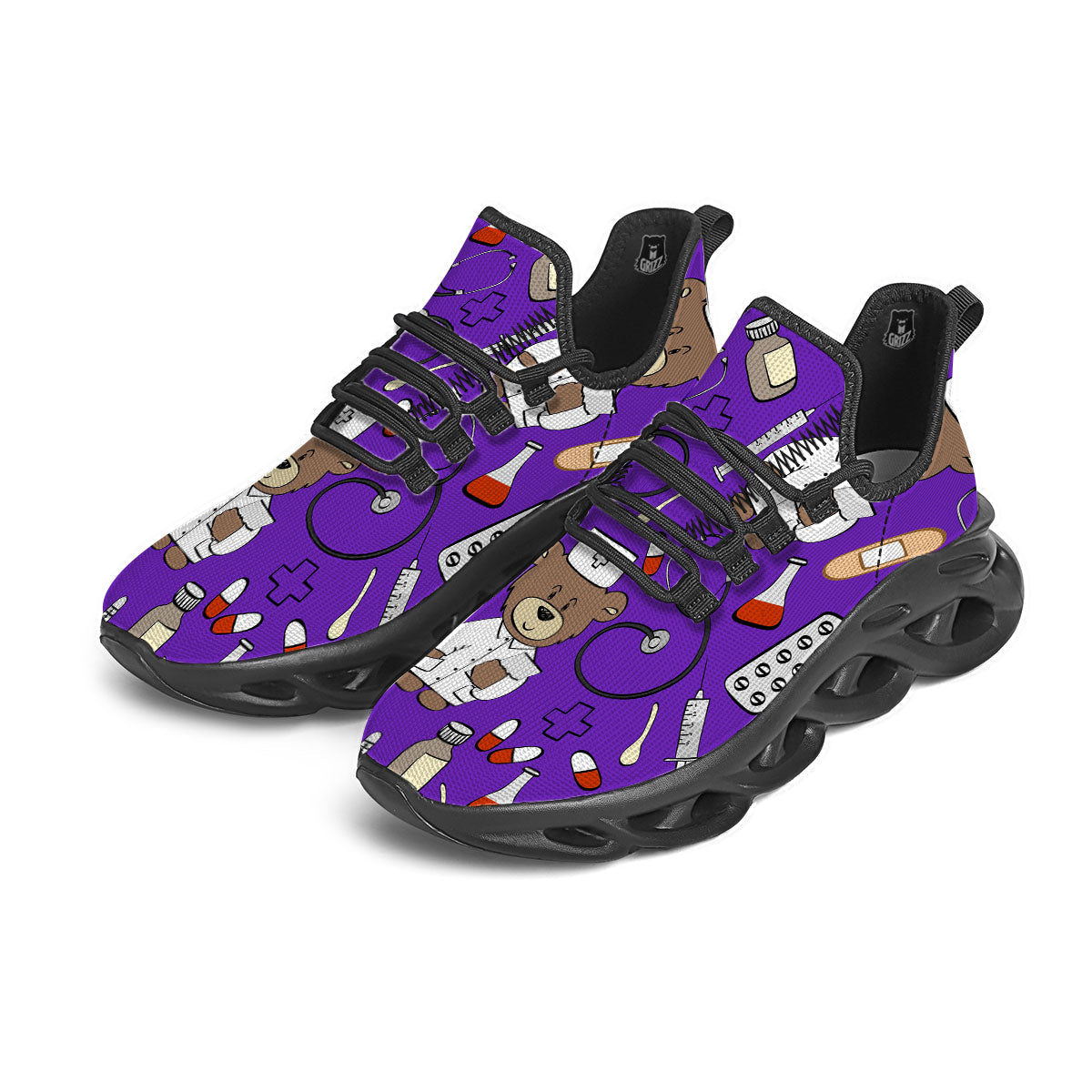 Purple Teddy Bear Nurse Black Running Shoes-grizzshop