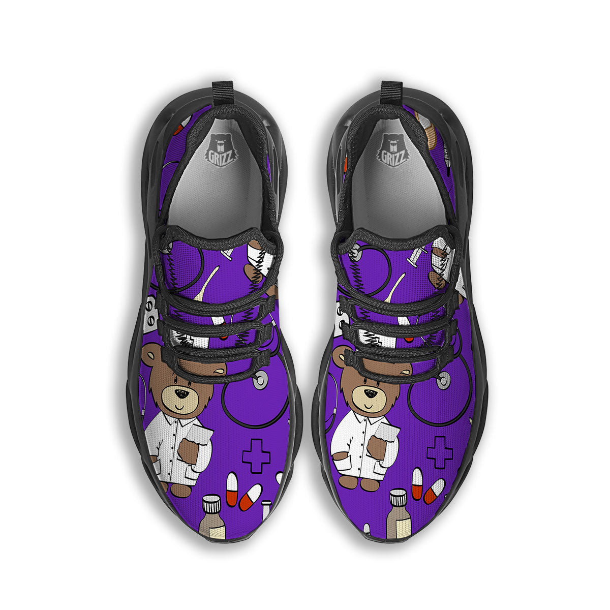Purple Teddy Bear Nurse Black Running Shoes-grizzshop