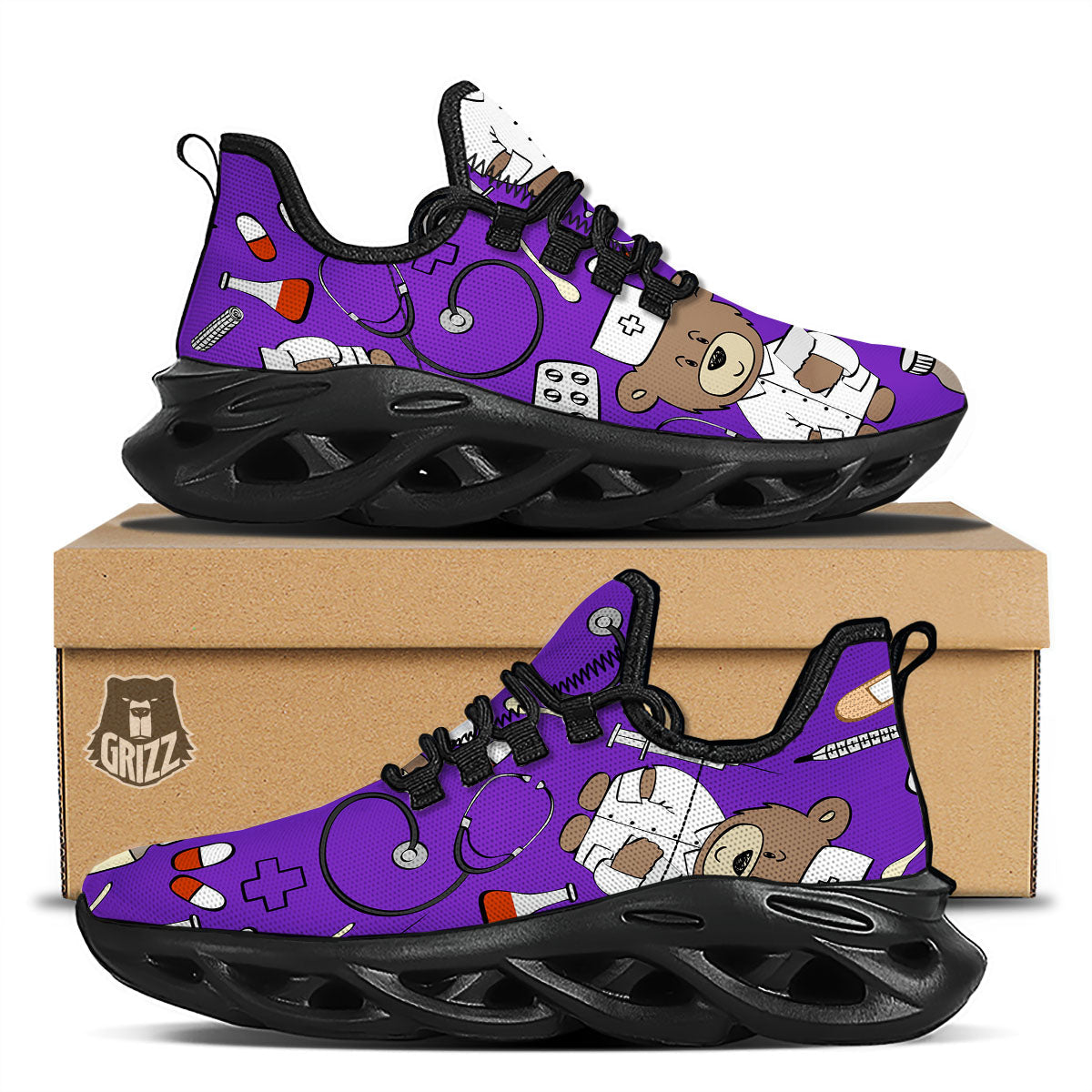 Purple Teddy Bear Nurse Black Running Shoes-grizzshop
