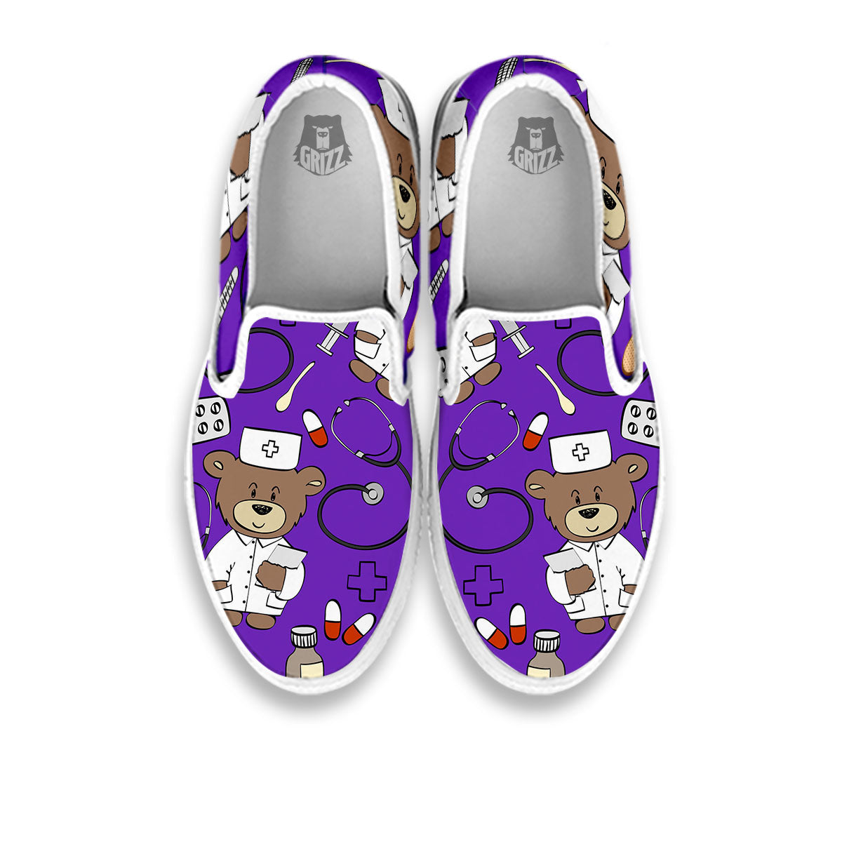 Purple Teddy Bear Nurse White Slip On Shoes-grizzshop