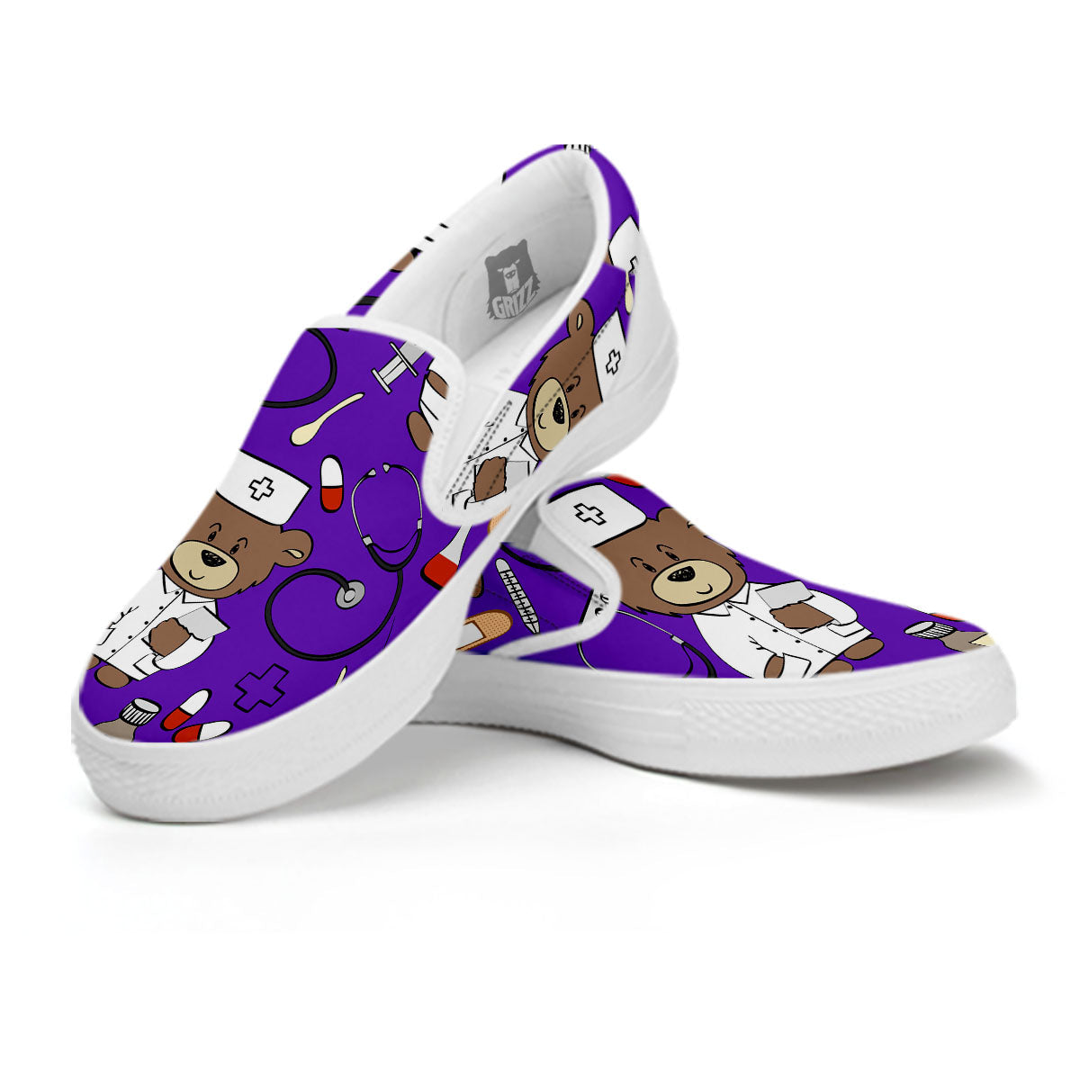 Purple Teddy Bear Nurse White Slip On Shoes-grizzshop