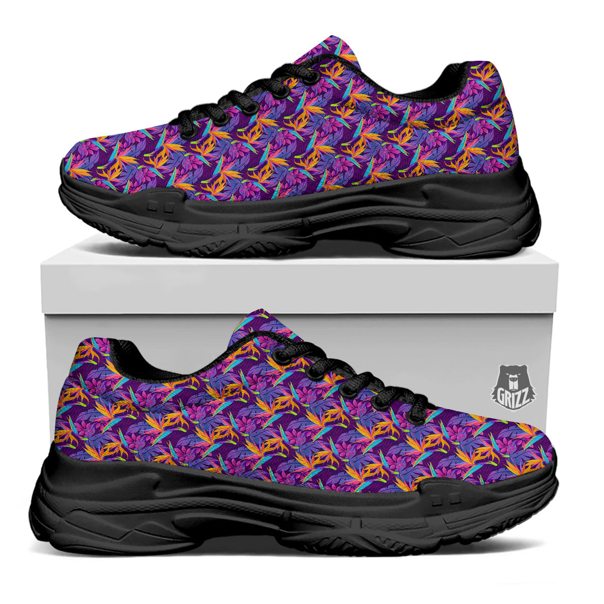 Purple Tropical Leaves Print Pattern Black Chunky Shoes-grizzshop