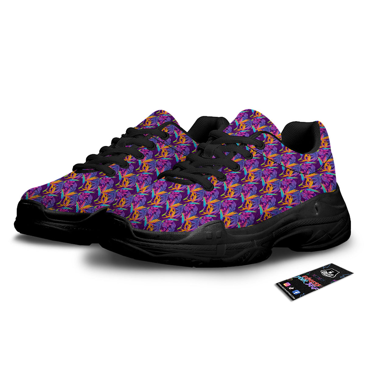 Purple Tropical Leaves Print Pattern Black Chunky Shoes-grizzshop