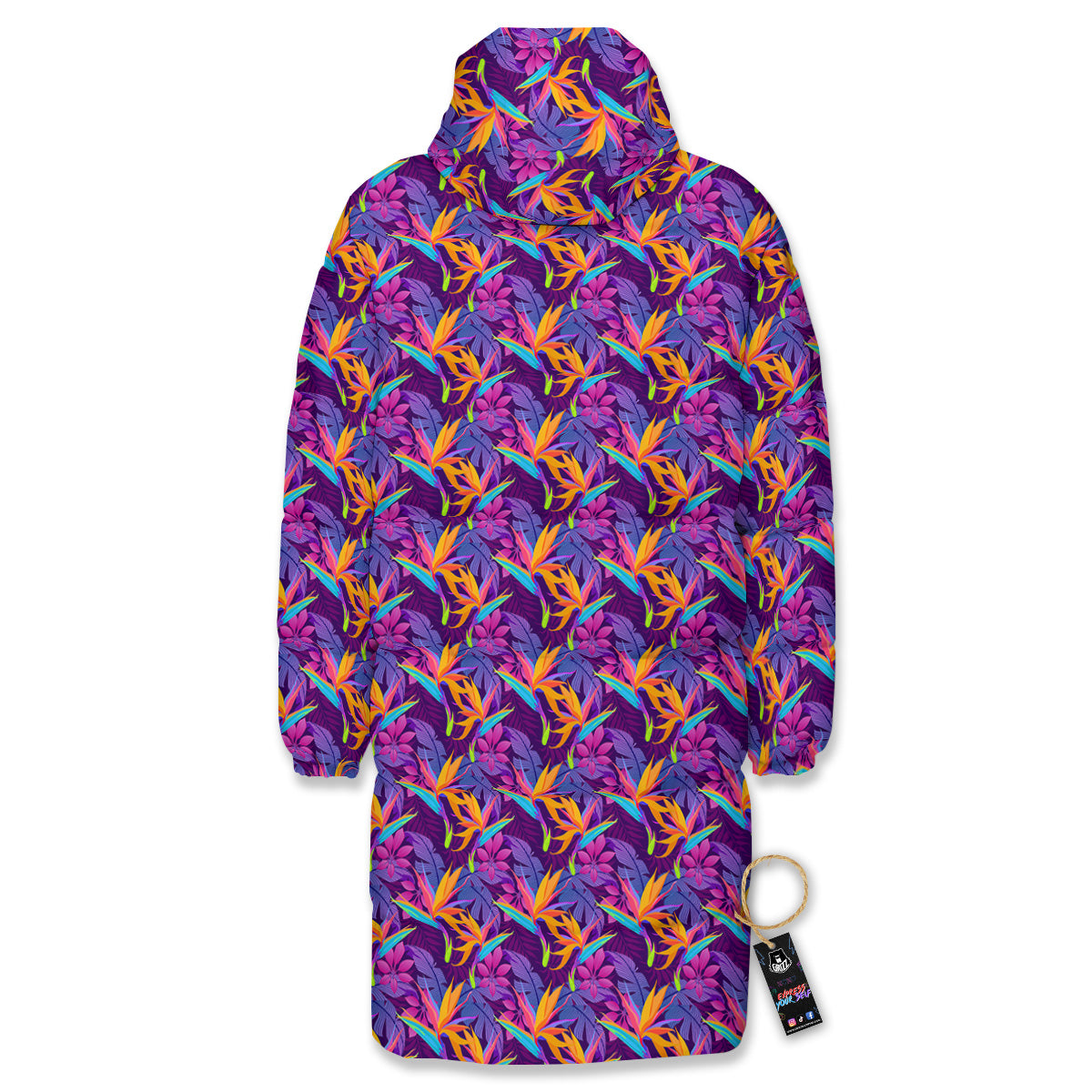 Purple Tropical Leaves Print Pattern Long Down Jacket-grizzshop