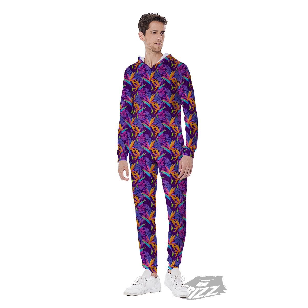 Purple Tropical Leaves Print Pattern Men's Jumpsuit-grizzshop