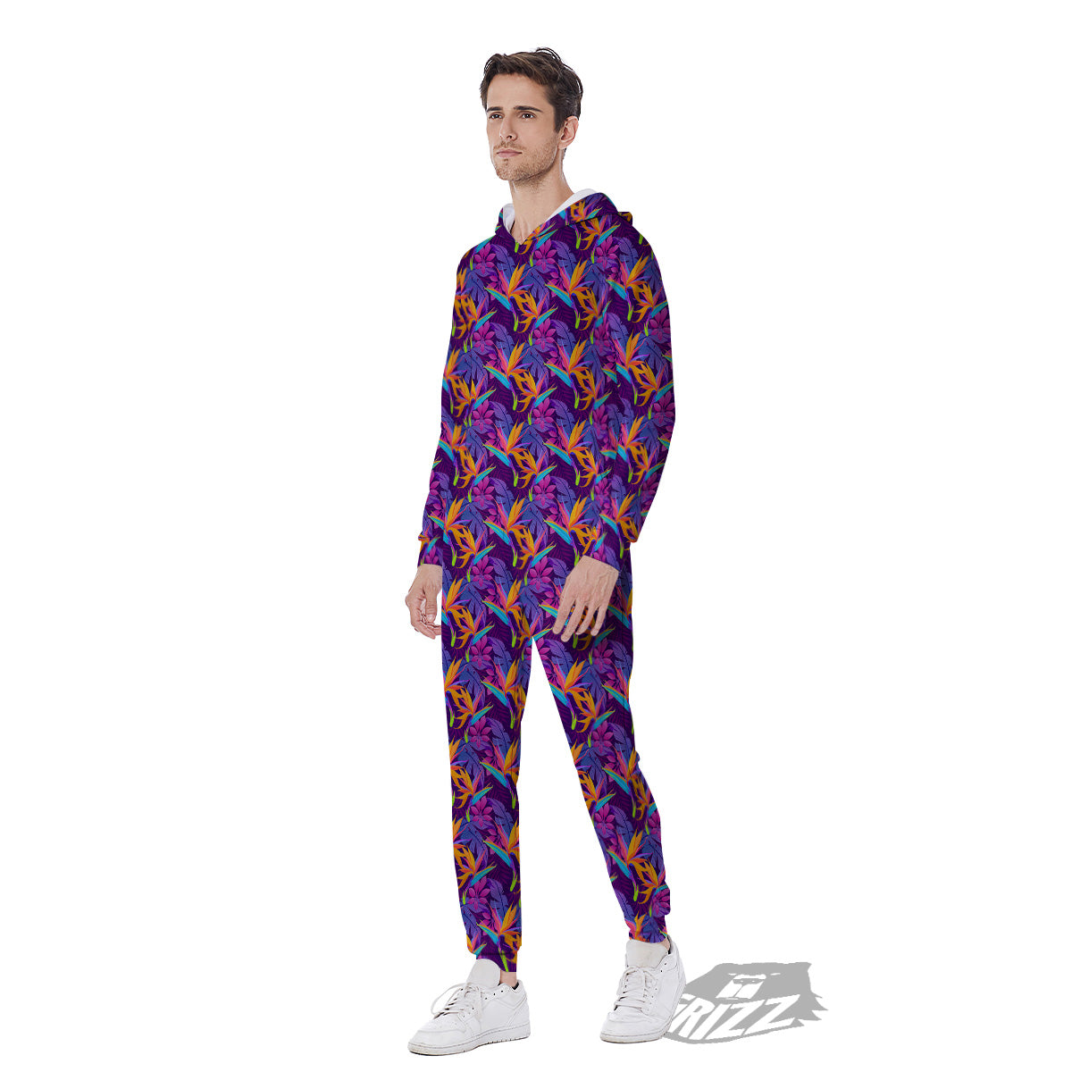 Purple Tropical Leaves Print Pattern Men's Jumpsuit-grizzshop