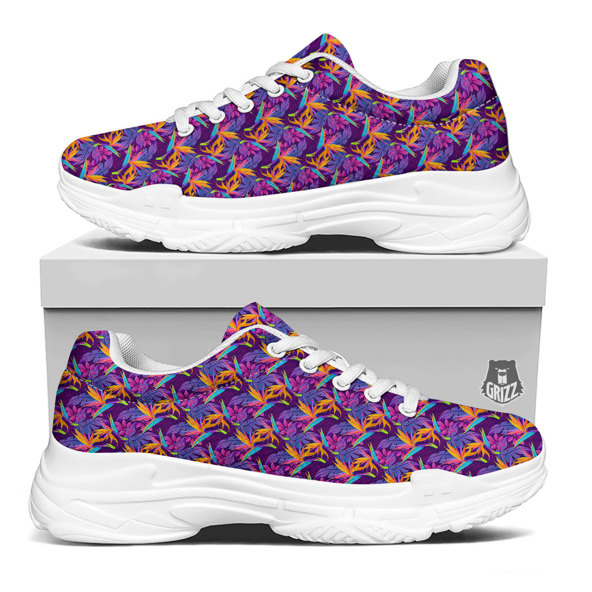 Purple Tropical Leaves Print Pattern White Chunky Shoes-grizzshop