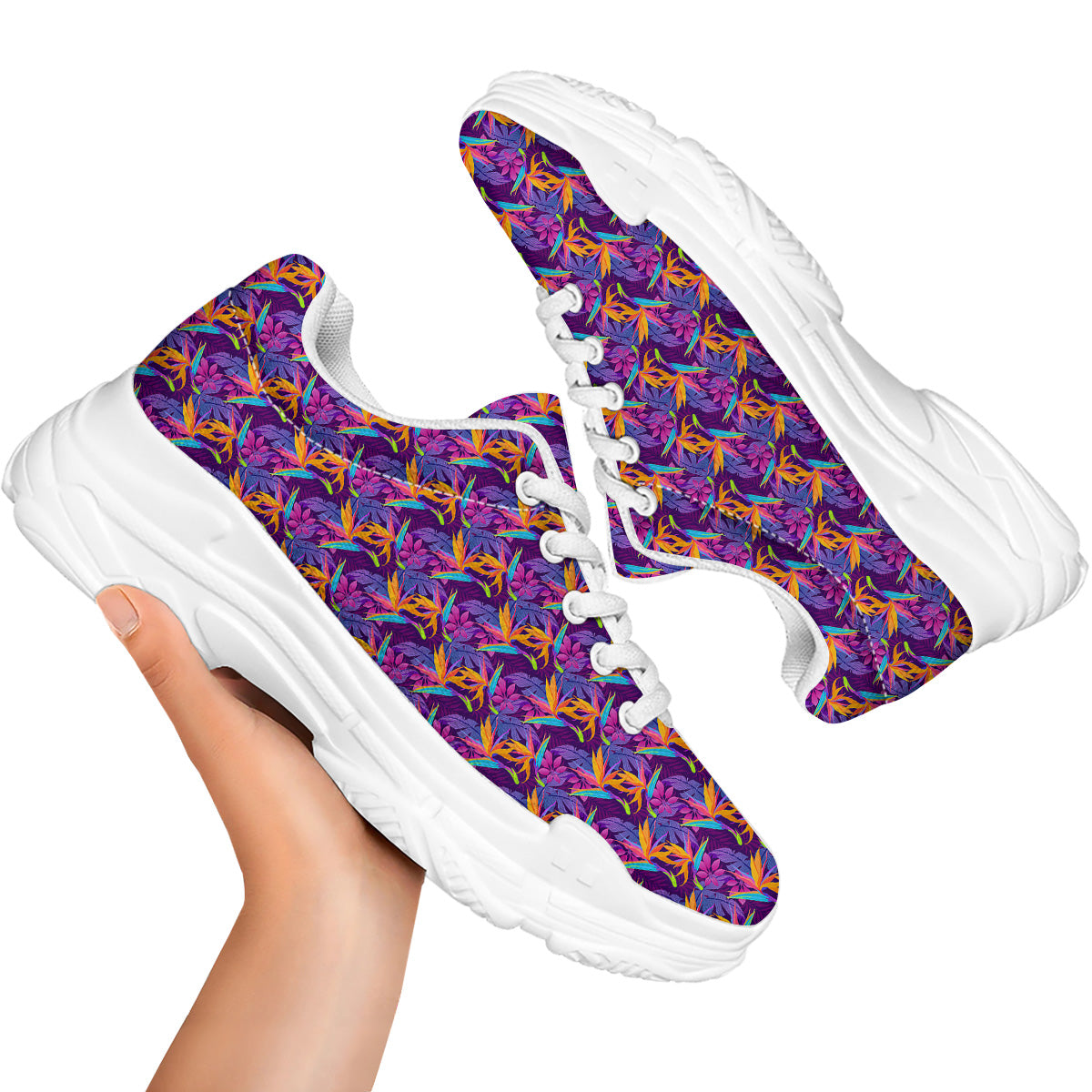 Purple Tropical Leaves Print Pattern White Chunky Shoes-grizzshop