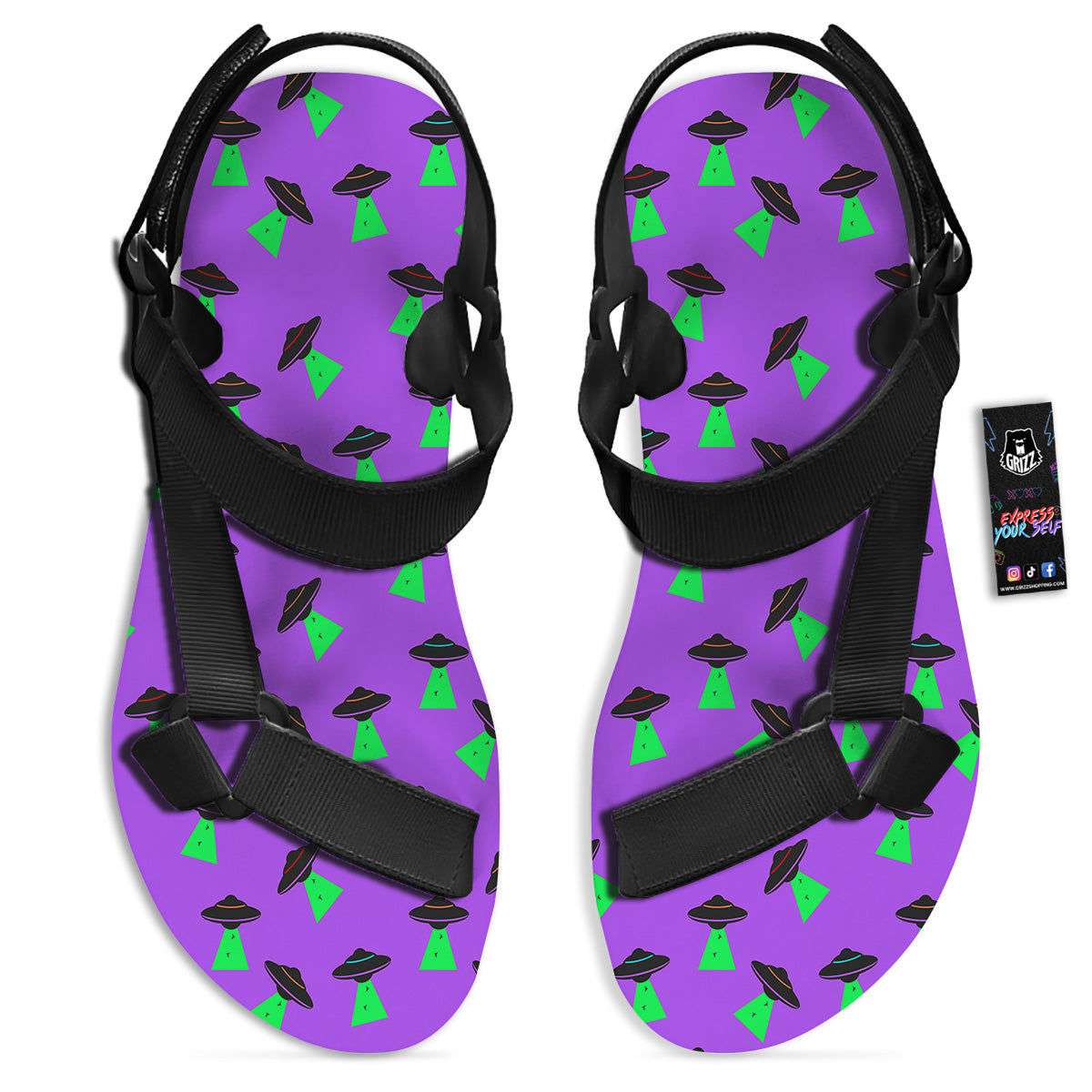 Purple UFO Alien Spaceship Print Pattern Black Open Toe Sandals-grizzshop