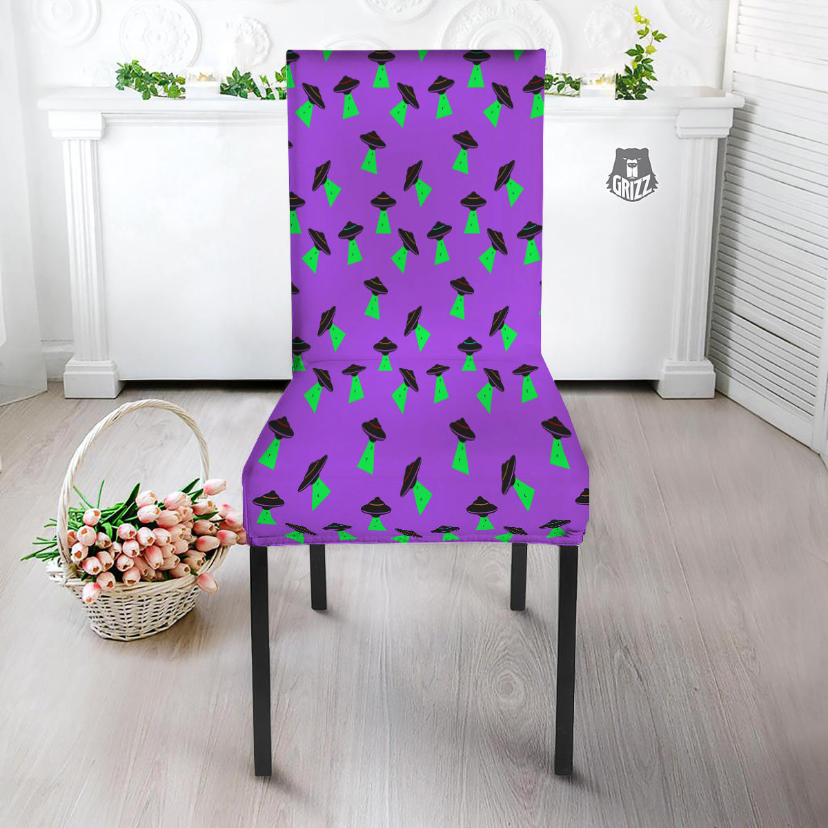 Purple UFO Alien Spaceship Print Pattern Dining Chair Slipcover-grizzshop