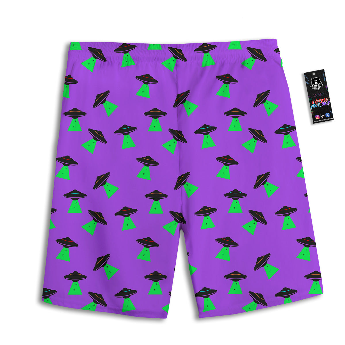 Purple UFO Alien Spaceship Print Pattern Men's Athletic Shorts