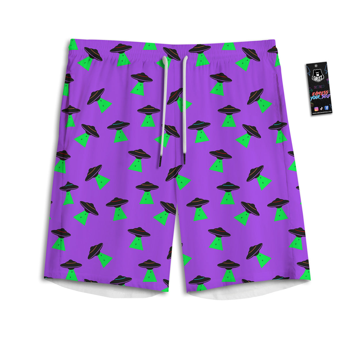 Purple UFO Alien Spaceship Print Pattern Men's Athletic Shorts