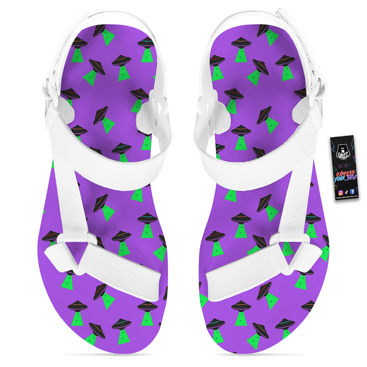Purple UFO Alien Spaceship Print Pattern White Open Toe Sandals-grizzshop