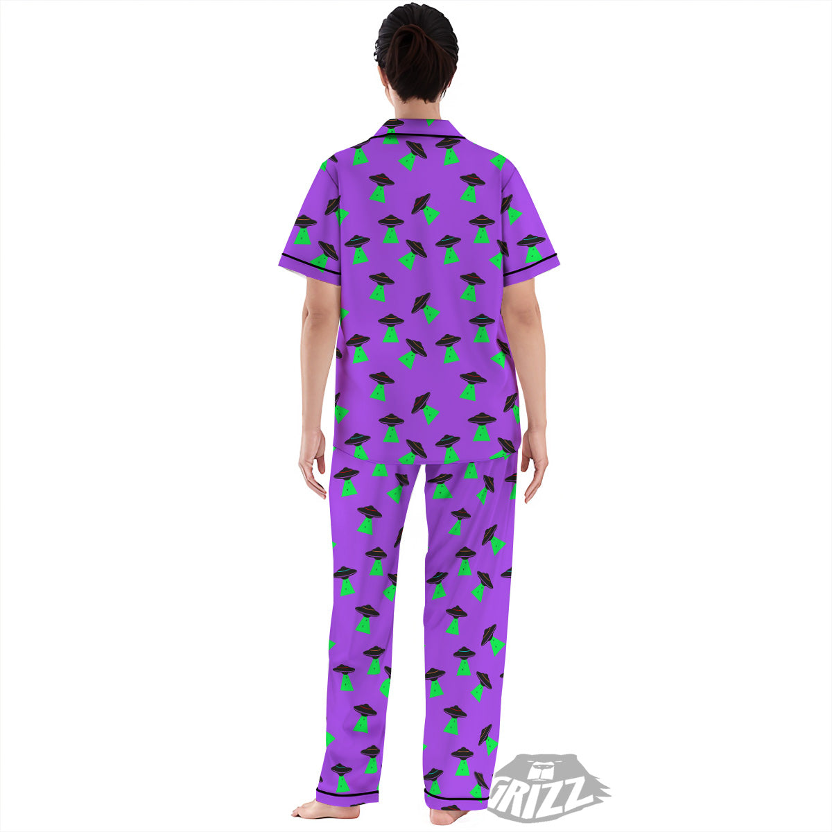 Purple UFO Alien Spaceship Print Pattern Women's Pajamas Set-grizzshop