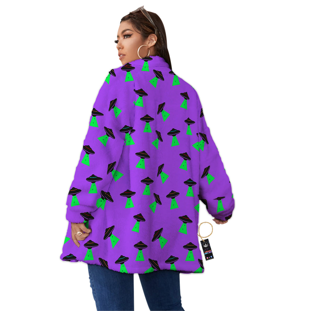 Purple UFO Alien Spaceship Print Pattern Women's Sherpa Jacket-grizzshop