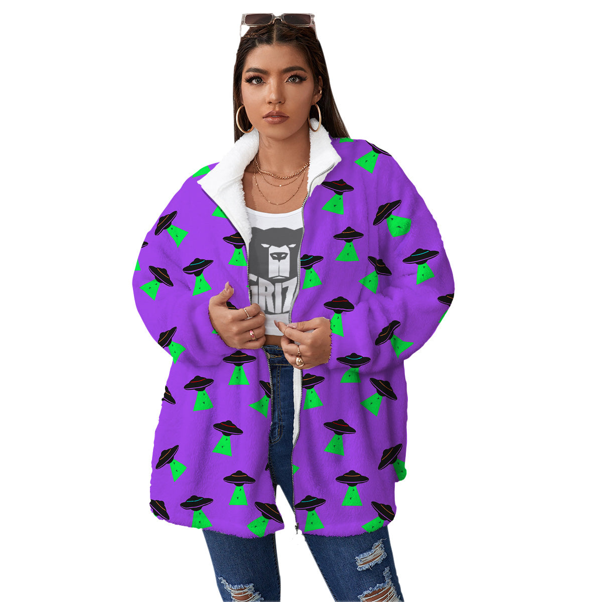 Purple UFO Alien Spaceship Print Pattern Women's Sherpa Jacket-grizzshop