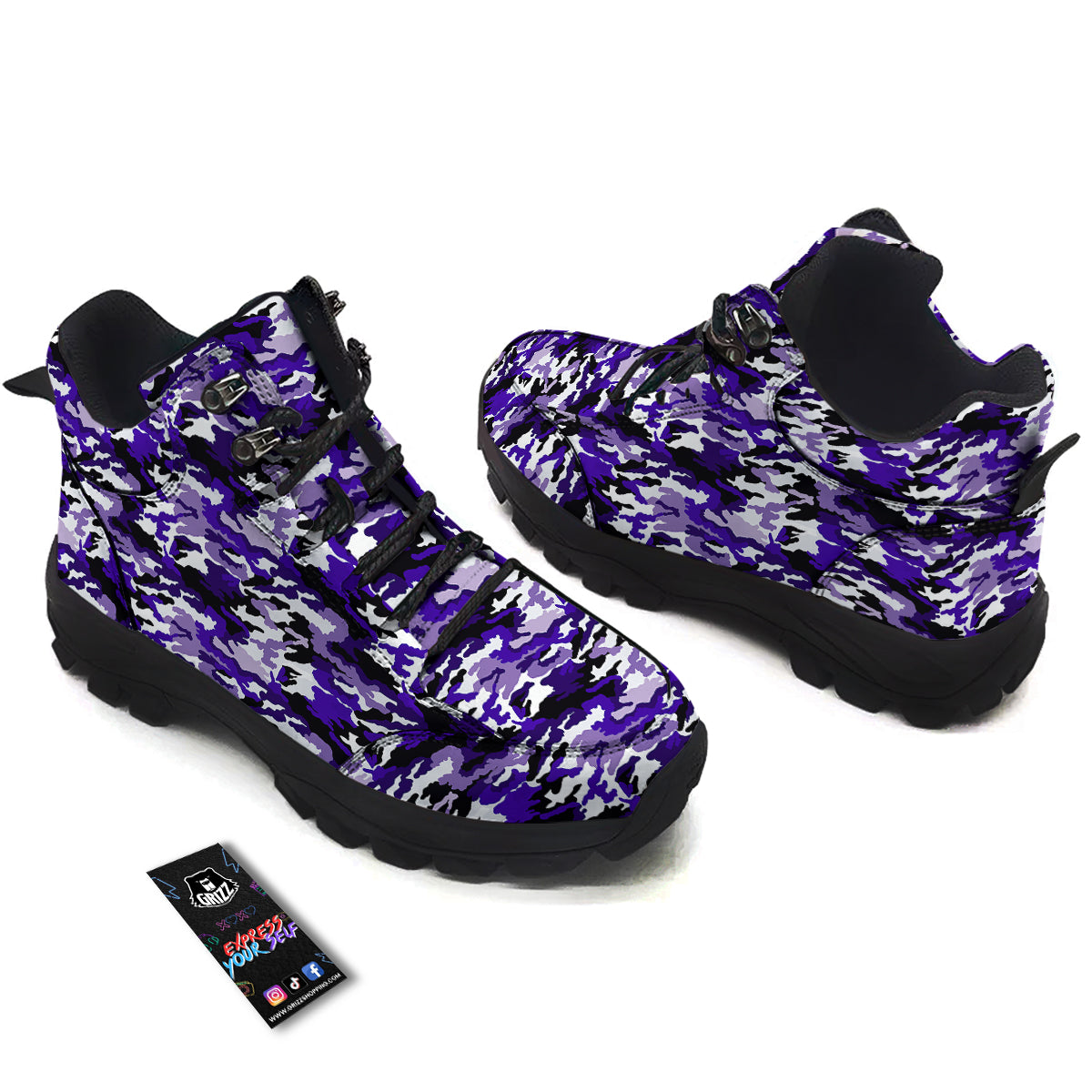 Purple White Abstract Camouflage Print Hiking Shoes-grizzshop