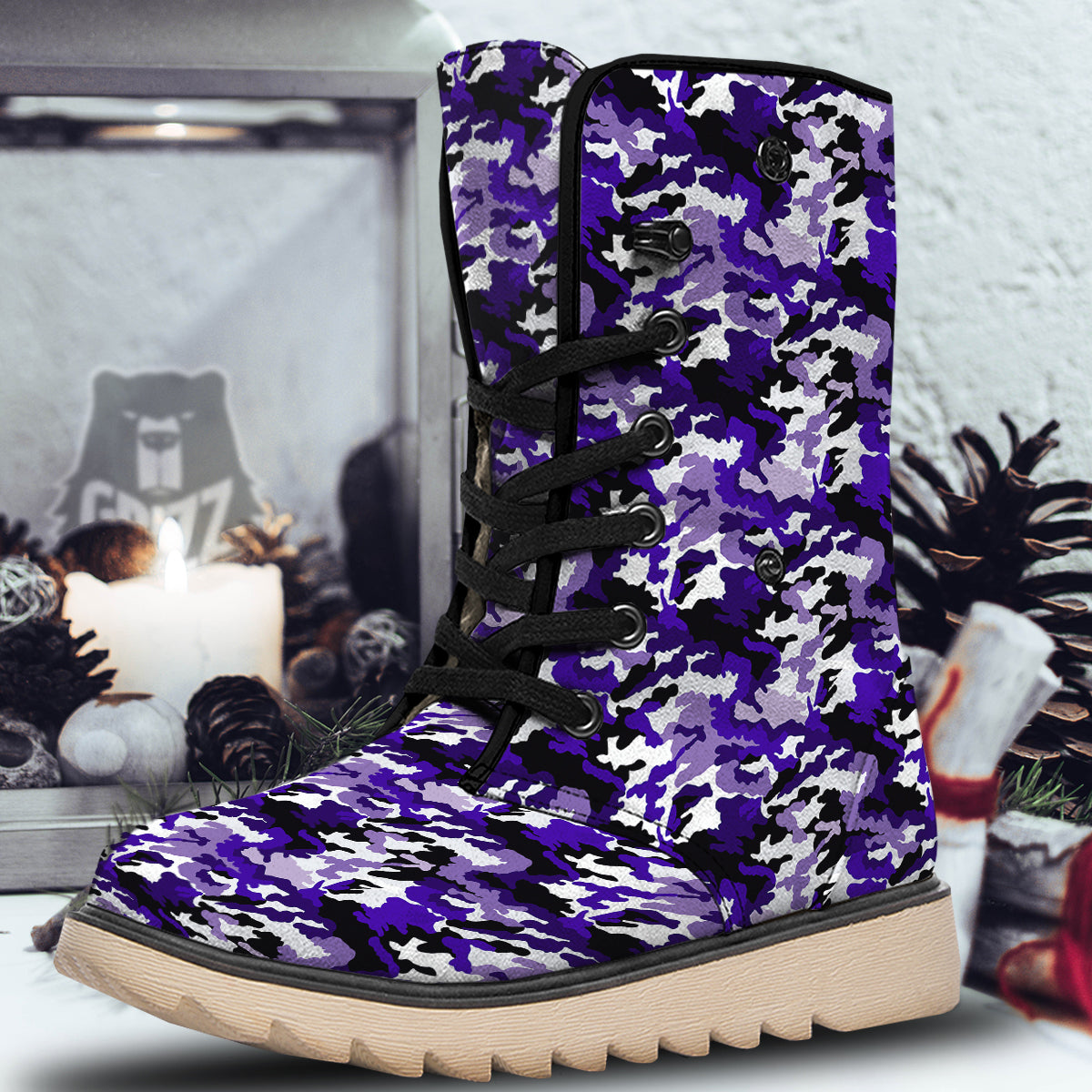 Purple White Abstract Camouflage Print Snow Boots-grizzshop