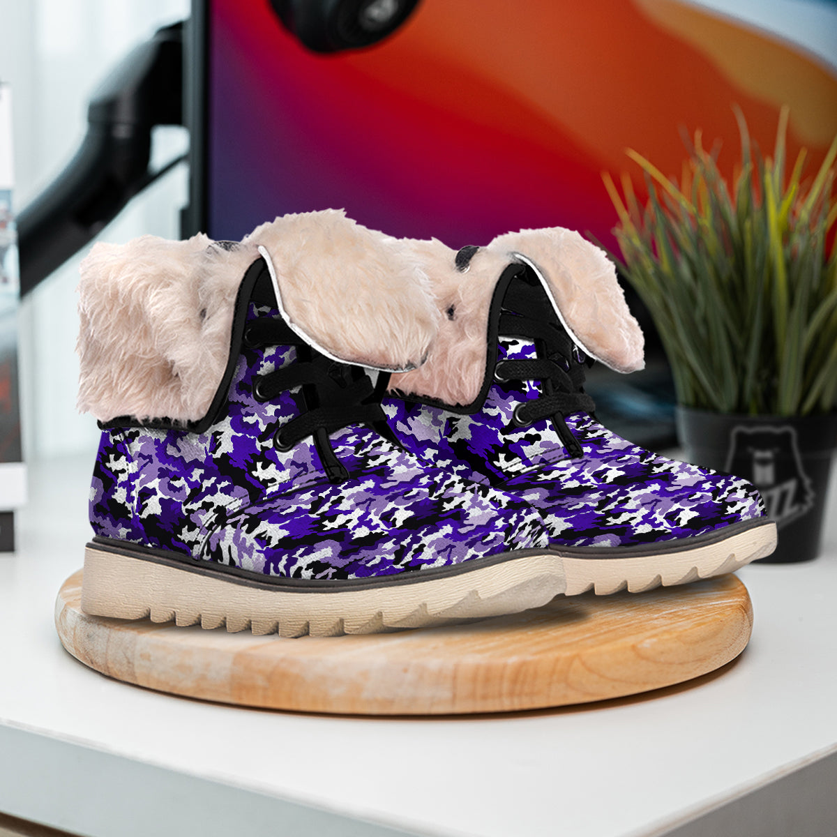 Purple White Abstract Camouflage Print Snow Boots-grizzshop