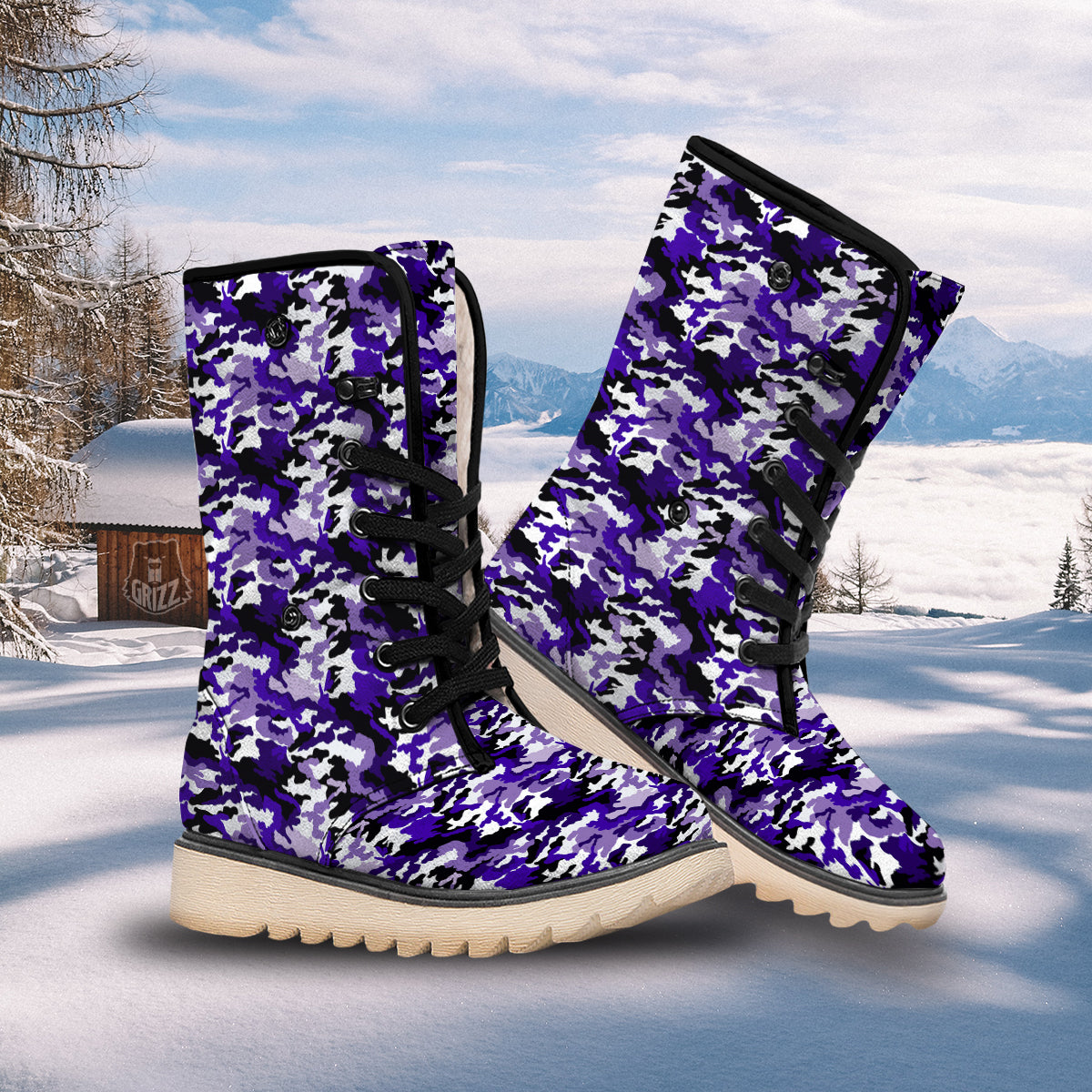 Purple White Abstract Camouflage Print Snow Boots-grizzshop