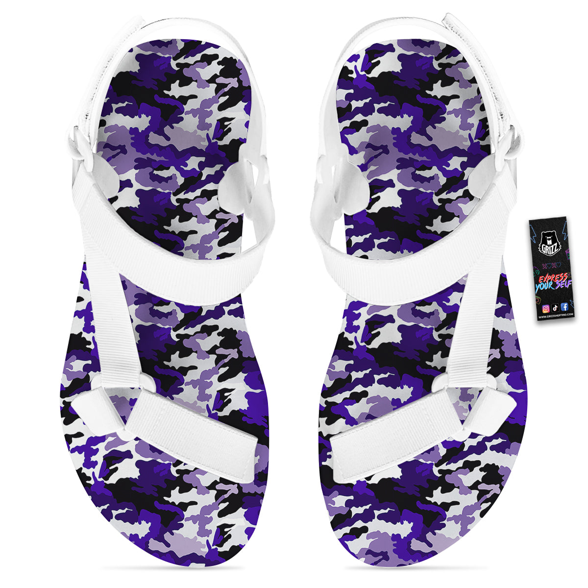 Purple White Abstract Camouflage Print White Open Toe Sandals-grizzshop