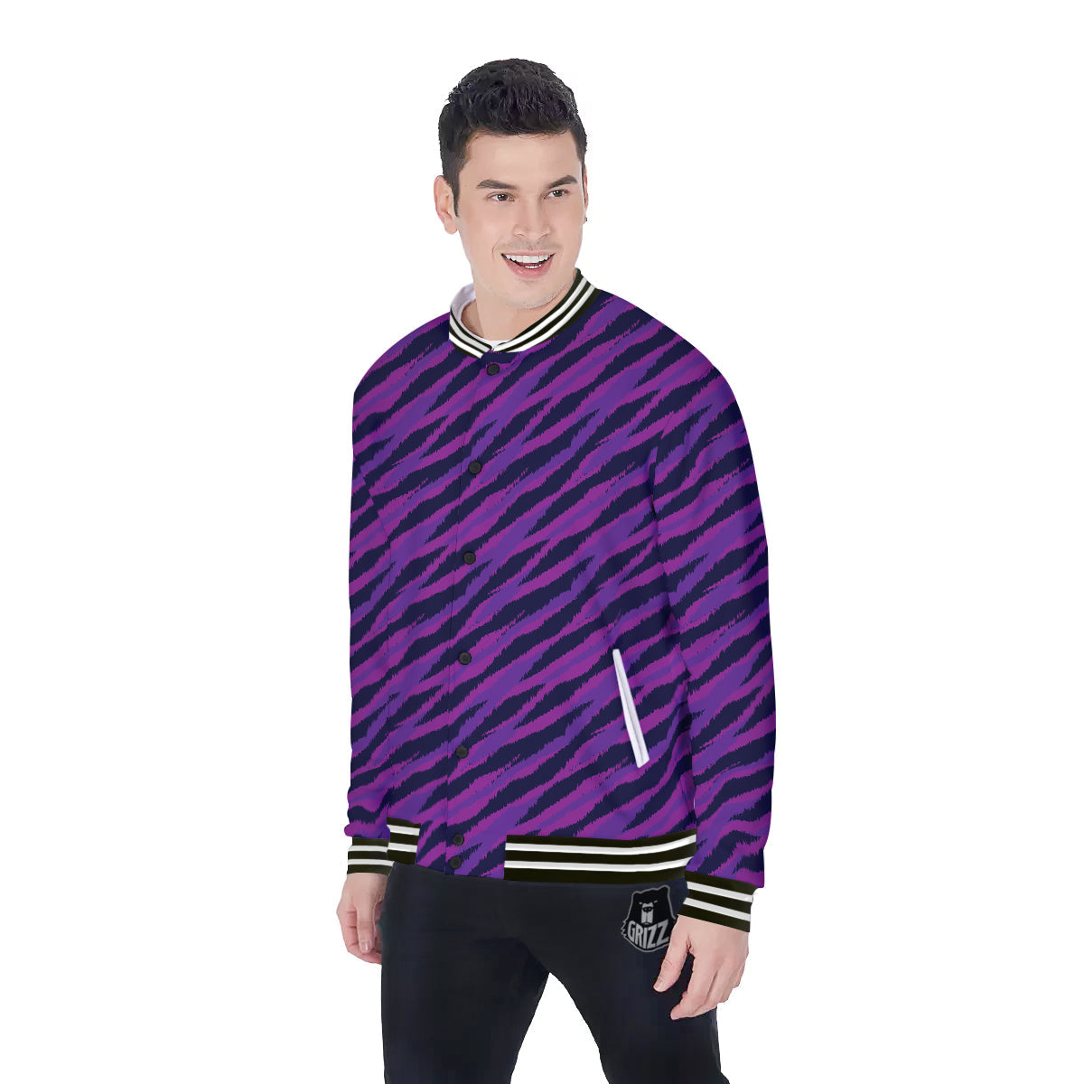 Purple Zebra Print Baseball Jacket-grizzshop