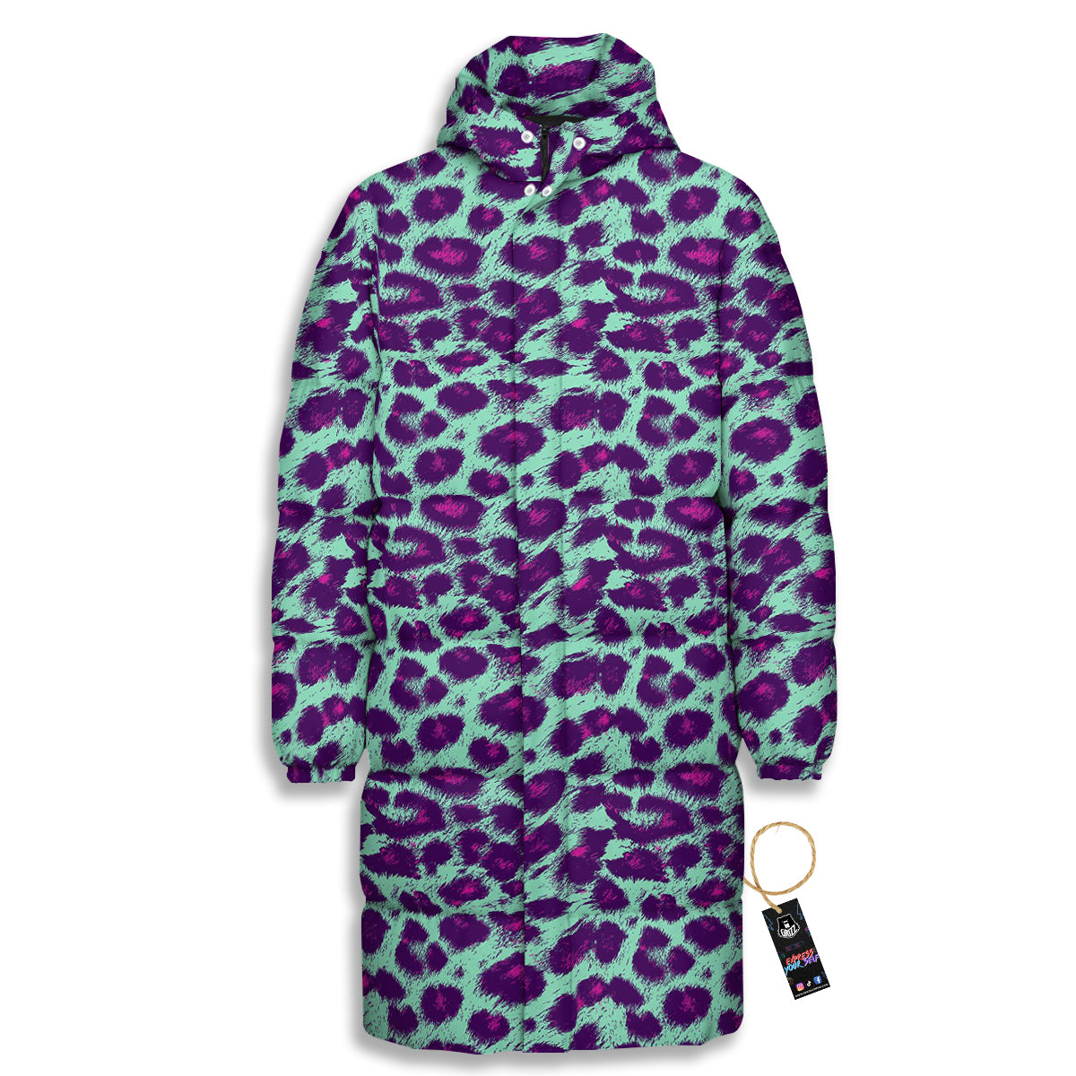 Purple And Blue Neon Leopard Print Long Down Jacket