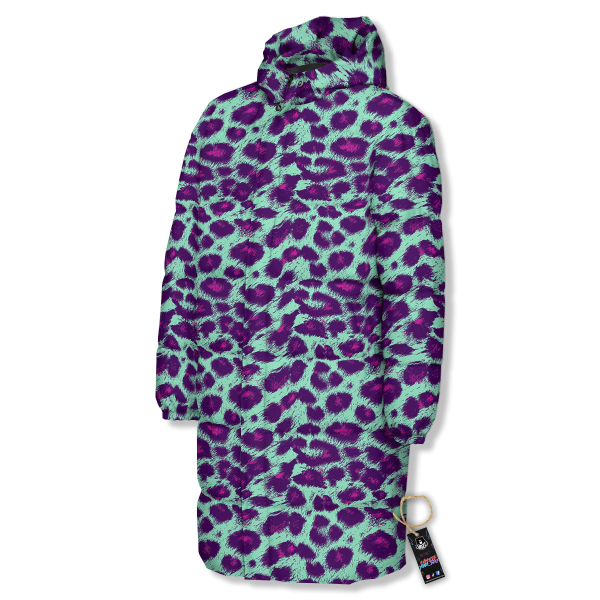 Purple And Blue Neon Leopard Print Long Down Jacket