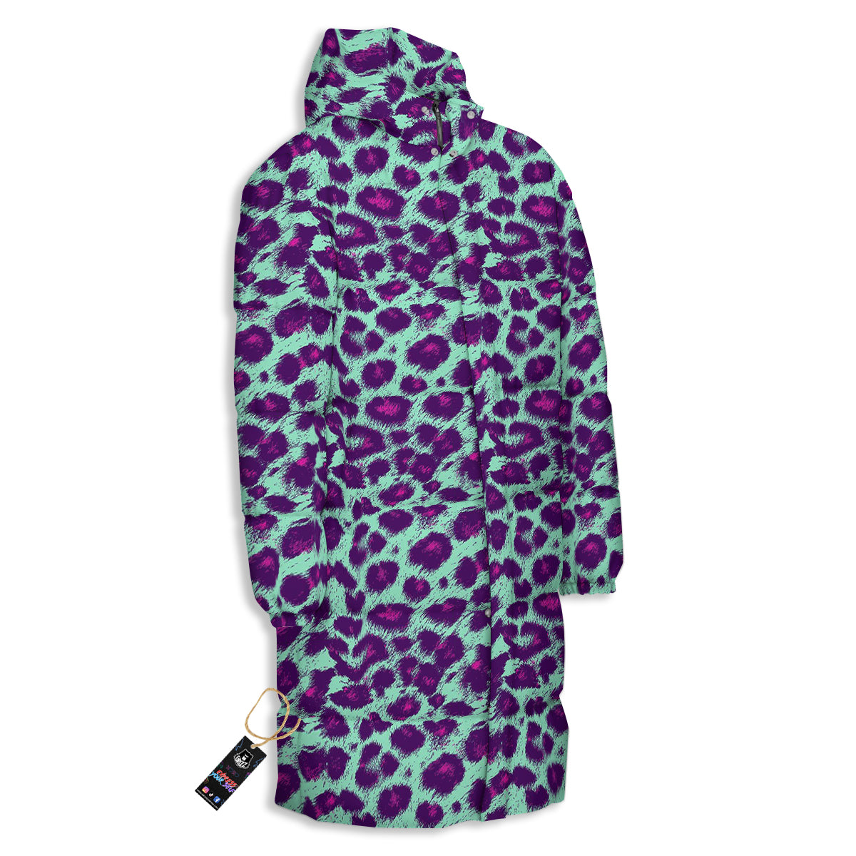 Purple And Blue Neon Leopard Print Long Down Jacket