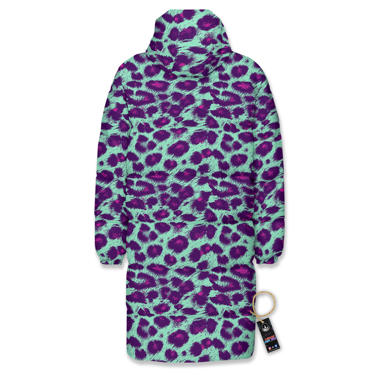 Purple And Blue Neon Leopard Print Long Down Jacket