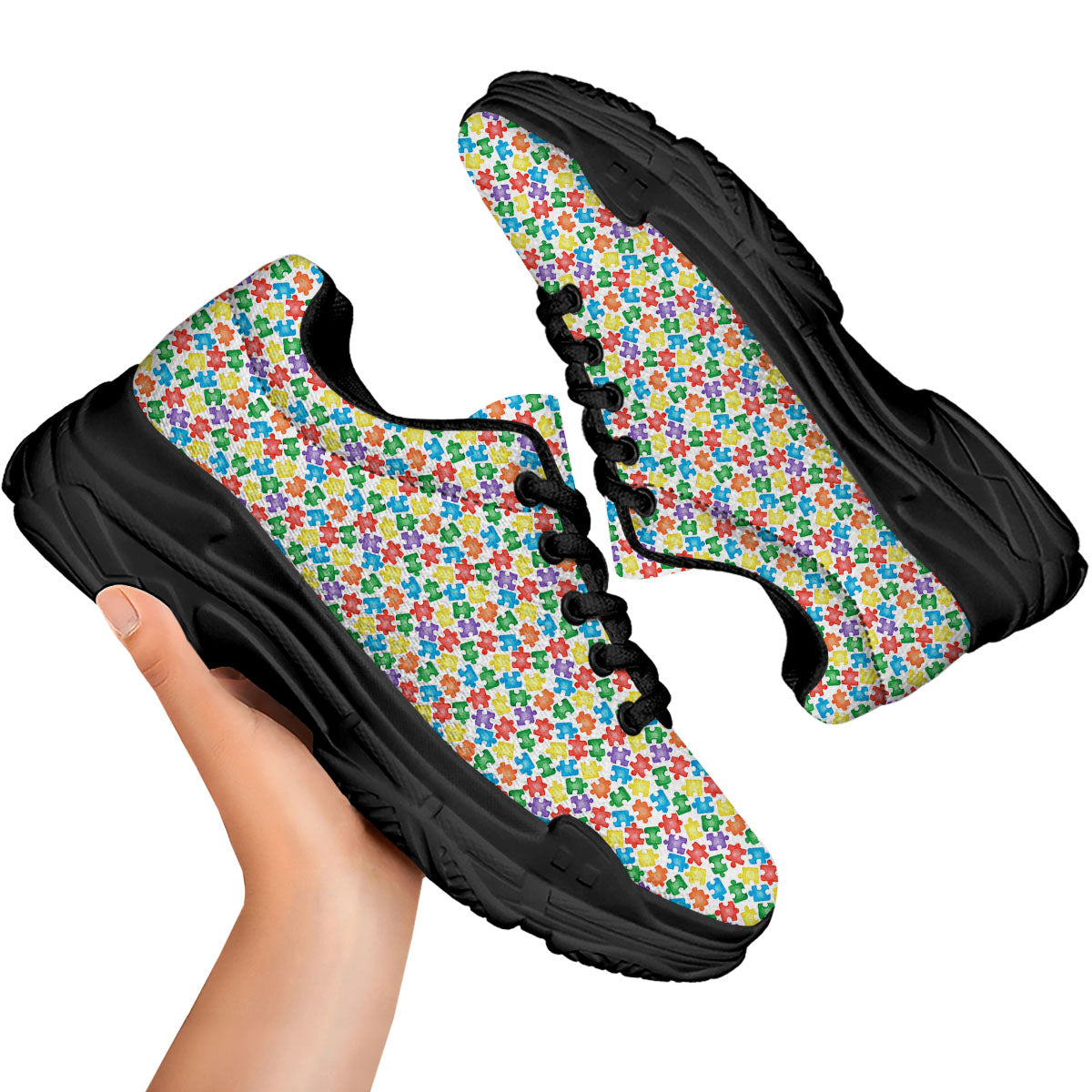 Puzzle Autism Awareness Print Black Chunky Shoes-grizzshop