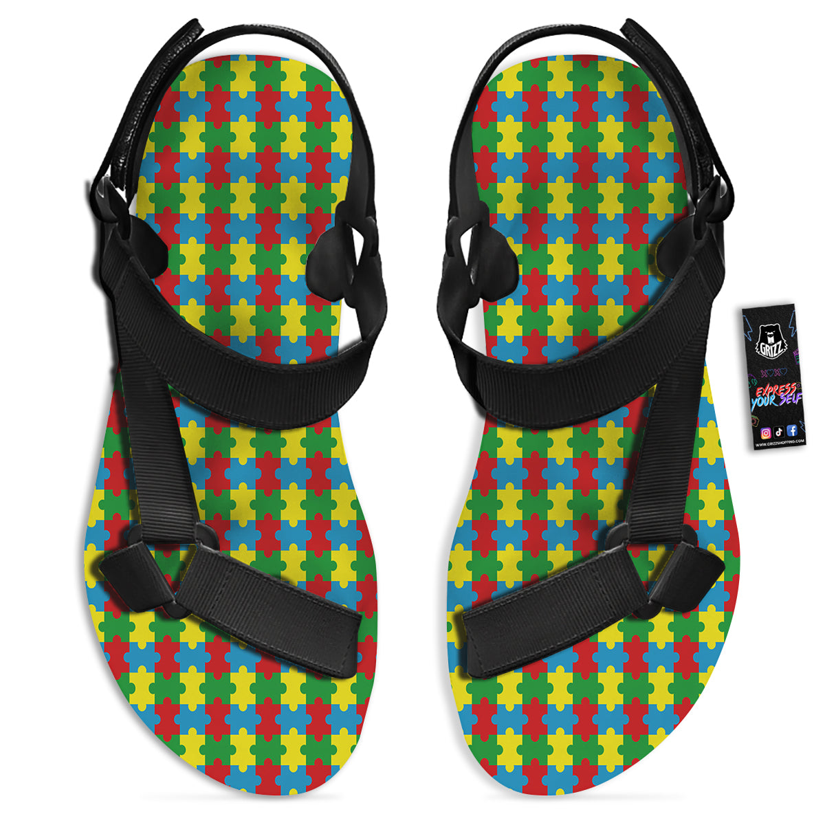 Puzzle Autism Awareness Print Pattern Black Open Toe Sandals-grizzshop