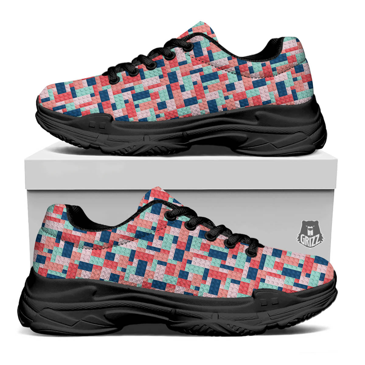 Puzzle Game Colorful Block Print Pattern Black Chunky Shoes-grizzshop