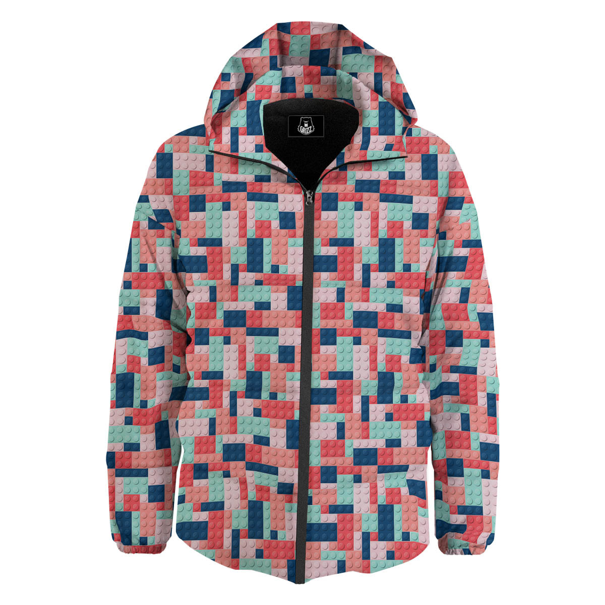 Puzzle Game Colorful Block Print Pattern Down Jacket-grizzshop