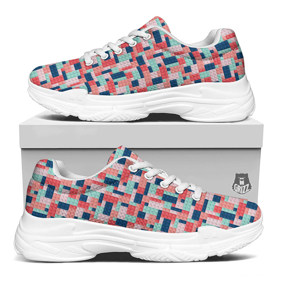 Puzzle Game Colorful Block Print Pattern White Chunky Shoes-grizzshop
