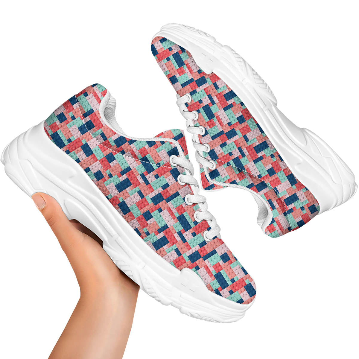 Puzzle Game Colorful Block Print Pattern White Chunky Shoes-grizzshop