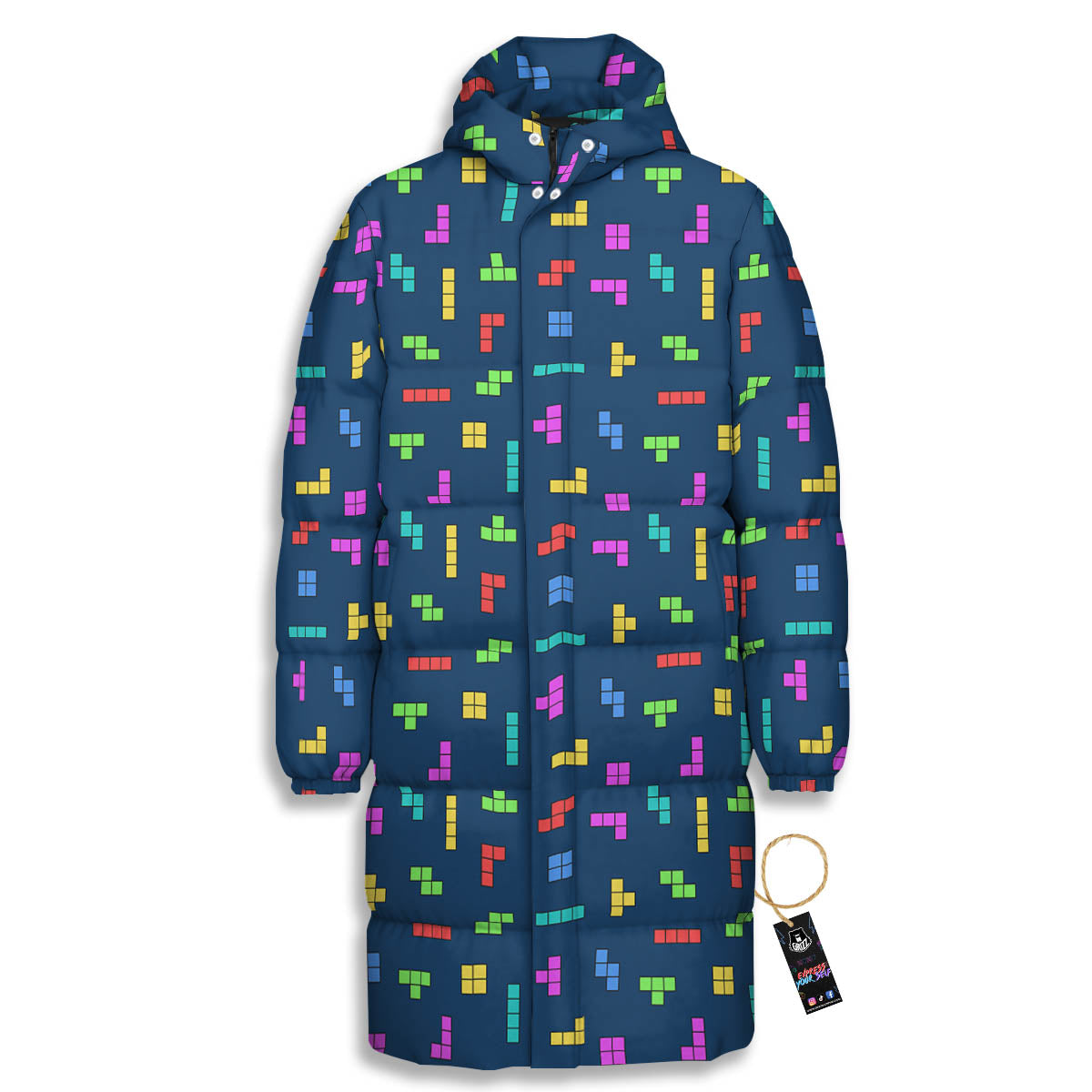 Puzzle Game Colorful Brick Print Pattern Long Down Jacket-grizzshop