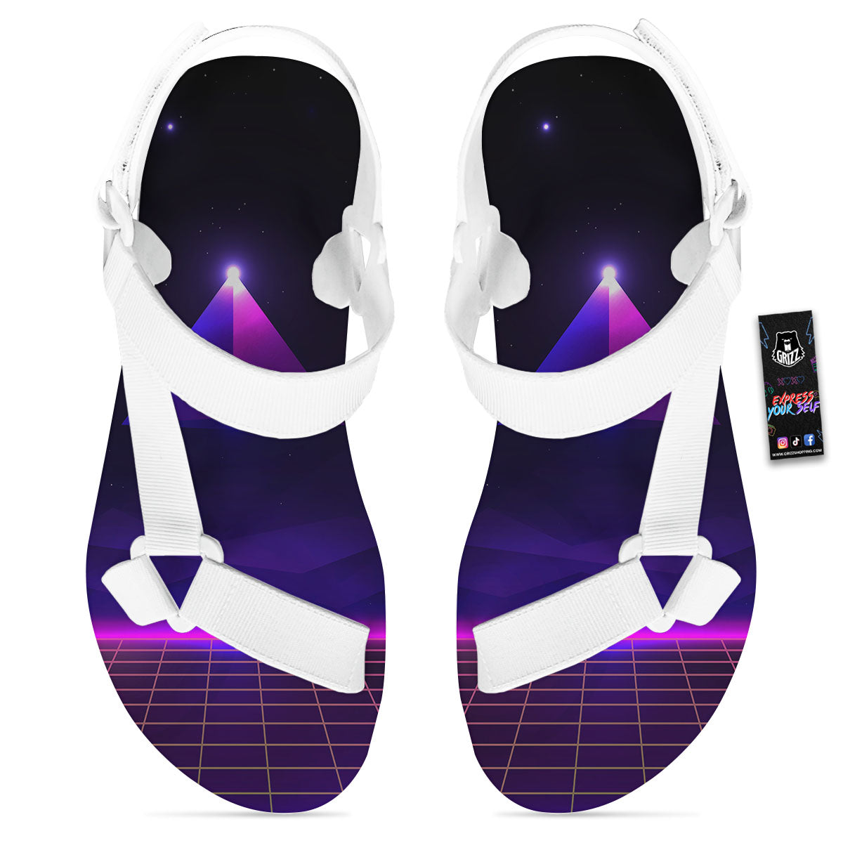 Pyramid Cloud Purple Print White Open Toe Sandals-grizzshop