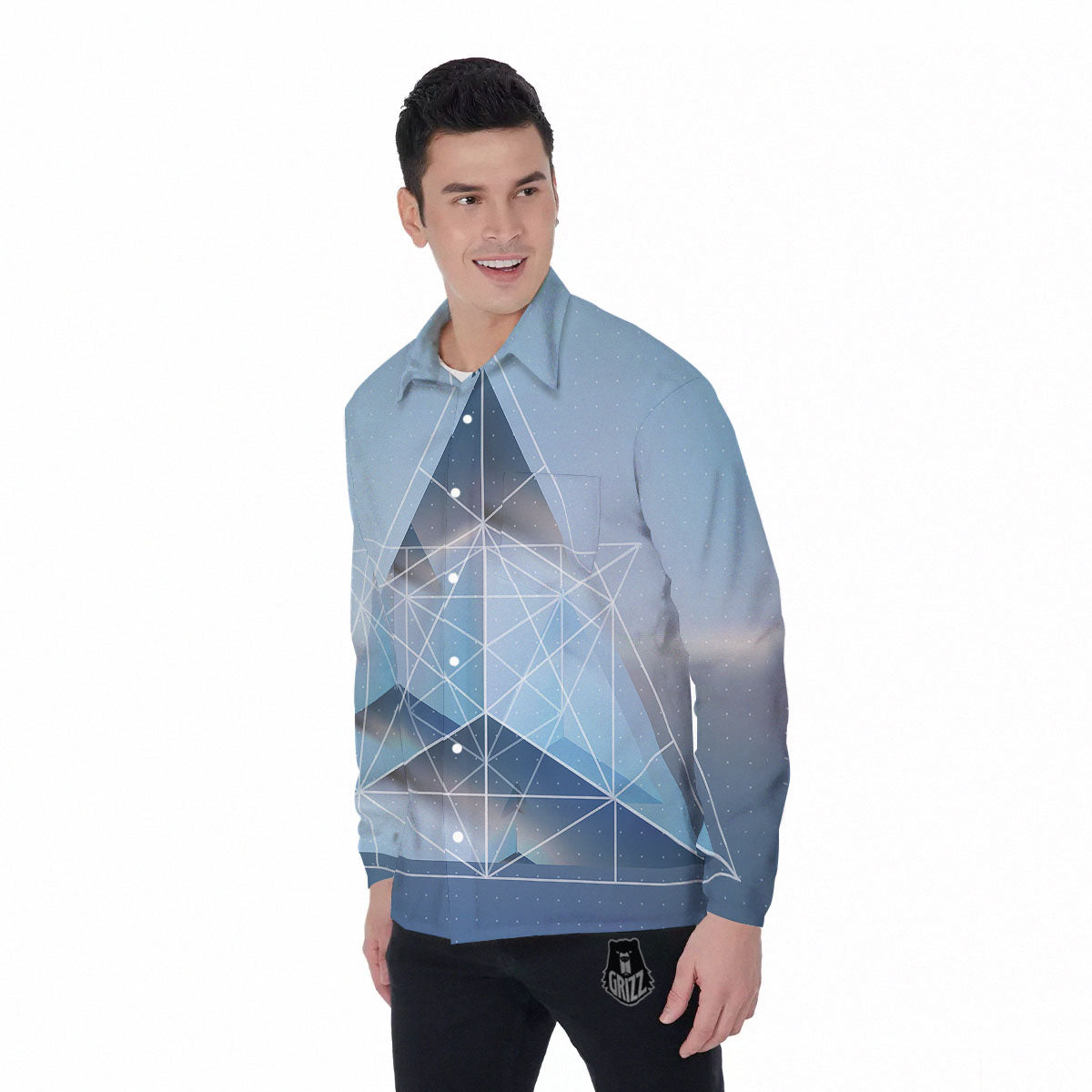 Pyramid Geometric Print Men's Long Sleeve Shirts-grizzshop
