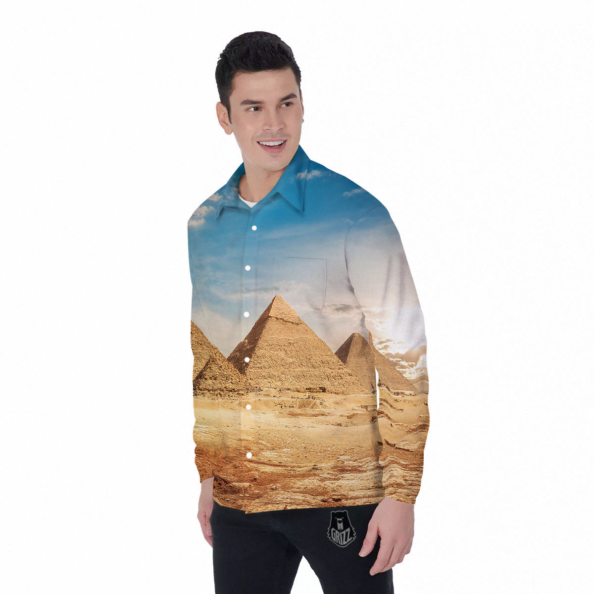 Pyramid Giza Print Men's Long Sleeve Shirts-grizzshop