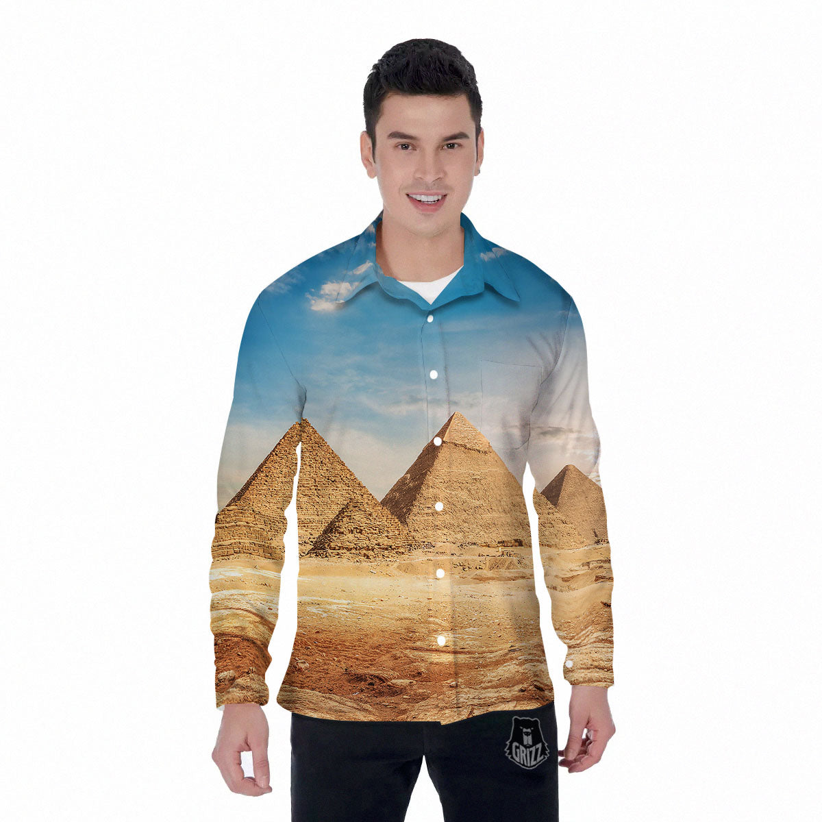 Pyramid Giza Print Men's Long Sleeve Shirts-grizzshop